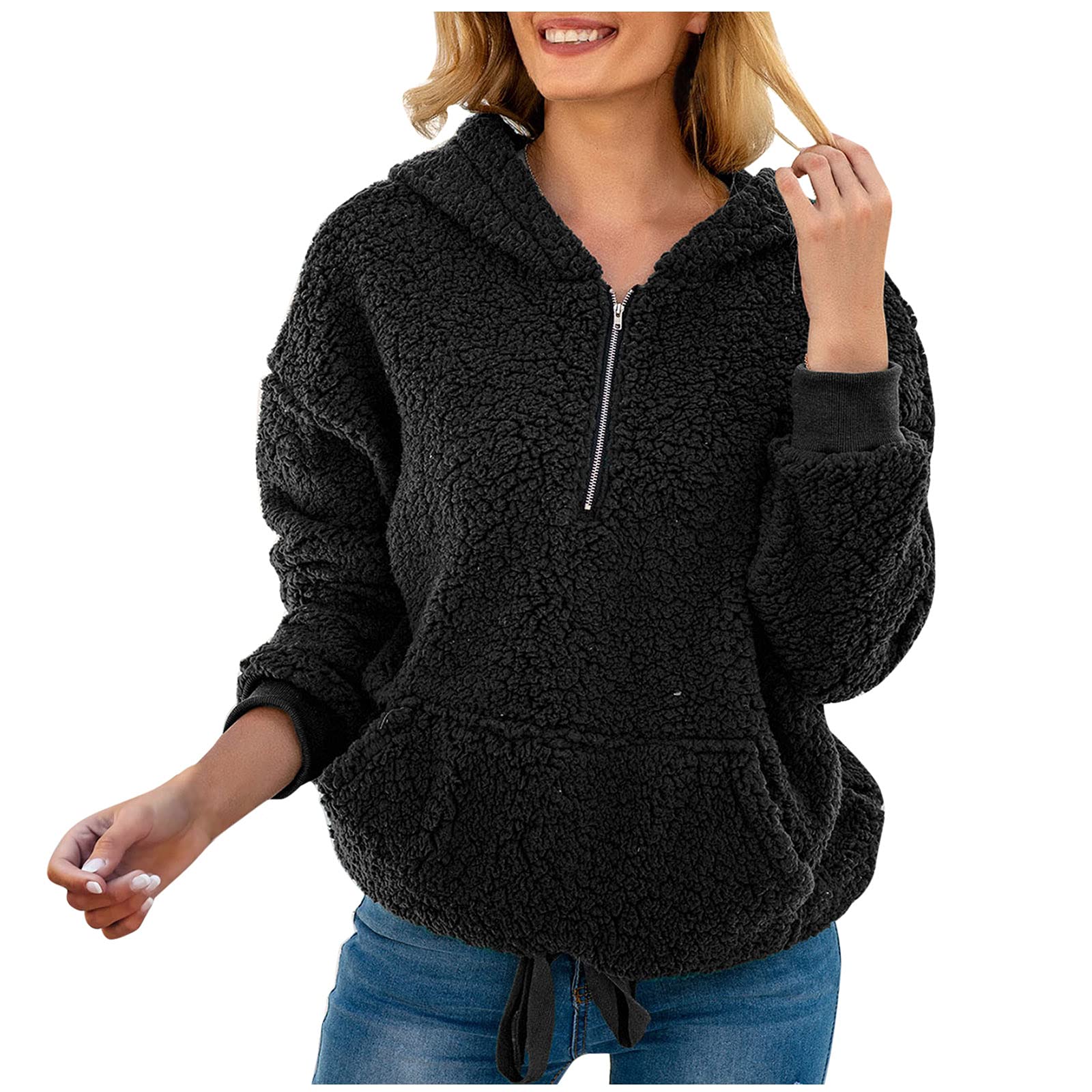 Women's Plaid Fleece Jacket with Zipper & Drawstring - Cozy Long Sleeve Pullover with Pockets for Fall & Winter Outdoor Activities