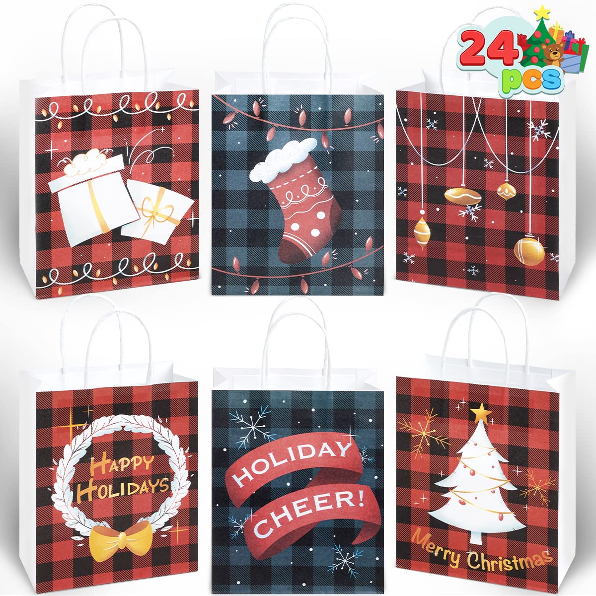 JOYIN 24-Piece Christmas Buffalo Plaid Gift Bags Set - 6 Festive Designs with Sturdy Handles for Holiday Parties, Candy Treats & Gift Wrapping | Perfect for Christmas Celebrations, Office Exchanges & Stocking Stuffers