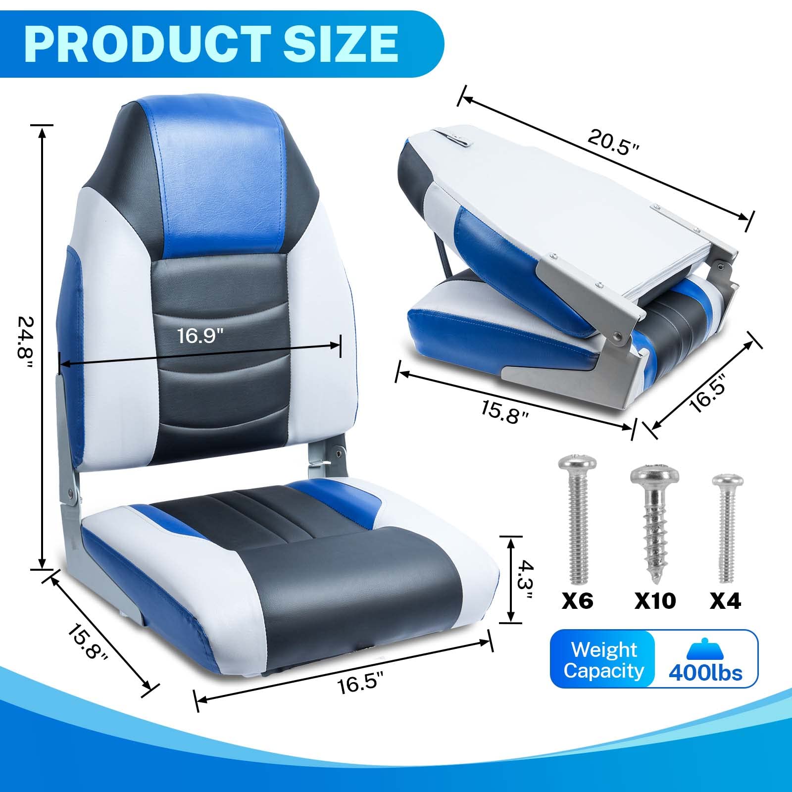 Premium 2-Pack Dreizack Folding High Back Fishing Boat Seats - Waterproof Pontoon & Bass Tracker Chairs with Stainless Steel Hardware, Aluminum Hinges & Thickened Cushion - Perfect for Fishing, Boating & Marine Adventures
