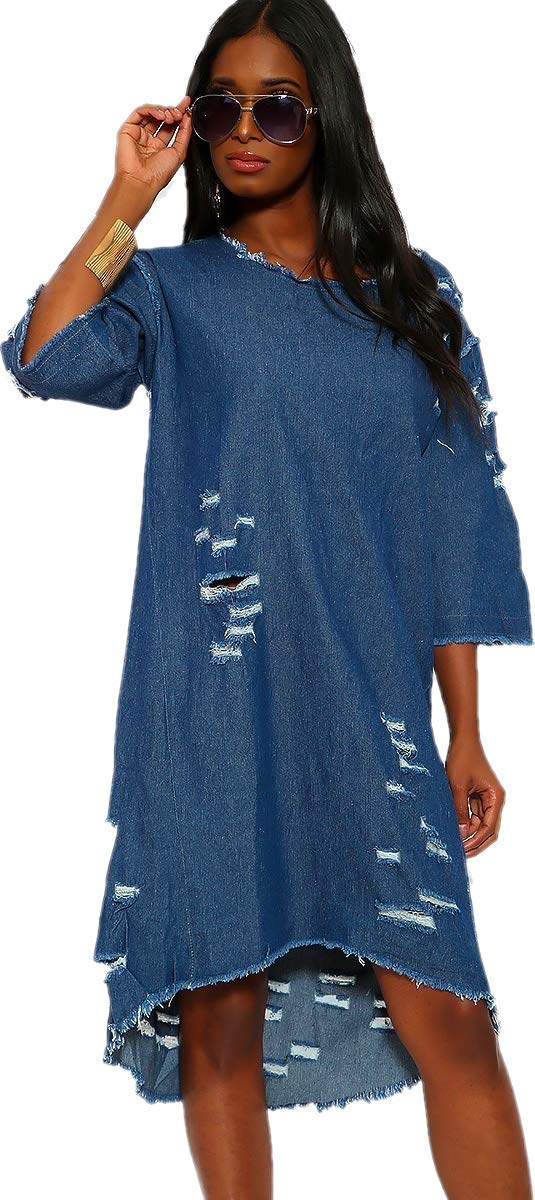 L'Diva Couture Boutique Women's Distressed Denim Jean Dress - Blue Washed Casual Mini Dress Size Small (4-6) | Perfect for Summer Outings, Date Nights & Boho Chic Style