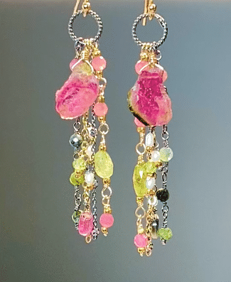 Watermelon Tourmaline Slice Earrings - Mixed Metal Dangle Earrings for Women, Handmade Gemstone Jewelry - Perfect for Summer Outfits, Beach Vacations & Boho Fashion