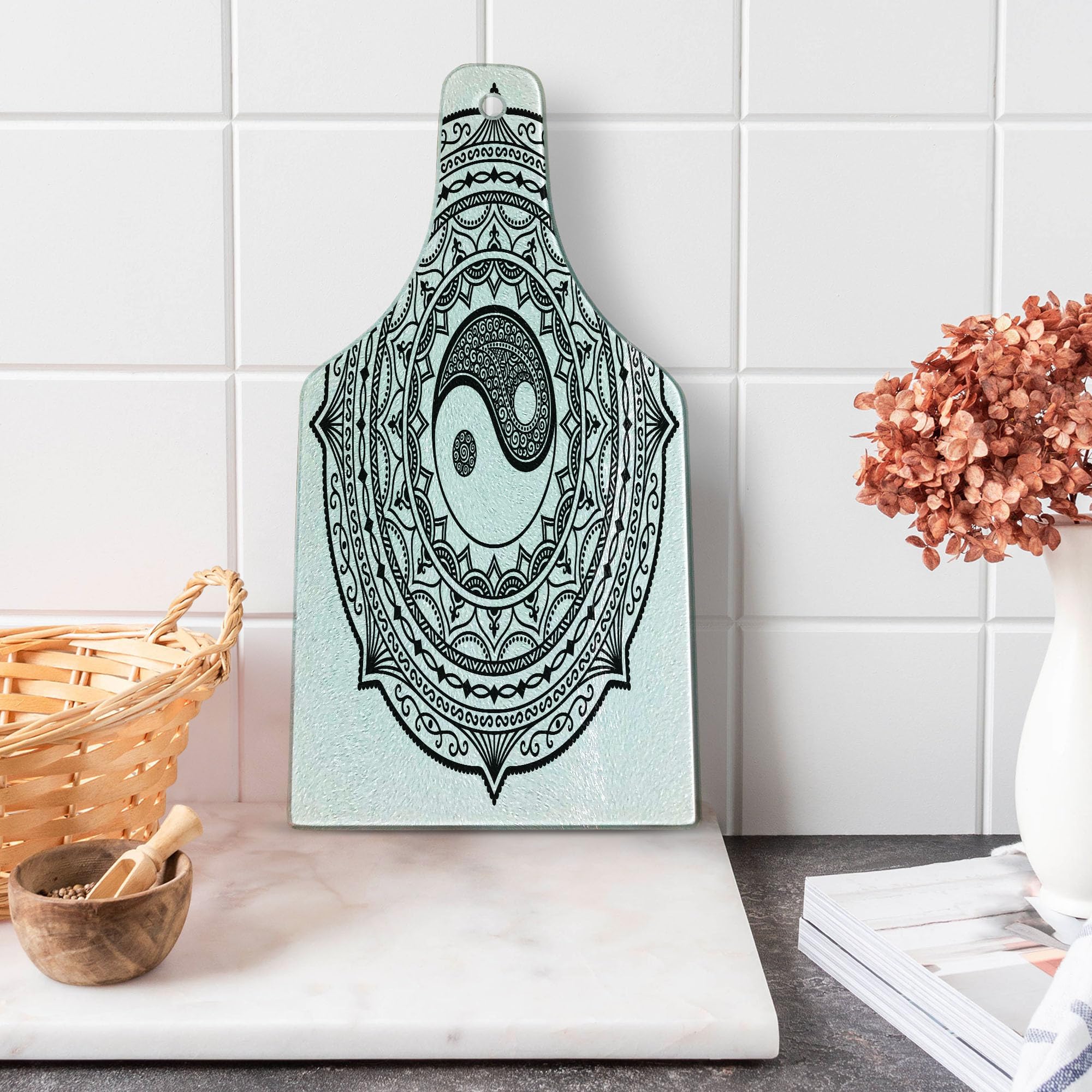 Ambesonne Yin Yang Cutting Board - Circular Mandala Design with Paisley Motif & Karma Cosmos Symbol - Tempered Glass Serving Board for Kitchen & Entertaining - Wine Bottle Shape in Black & White - Perfect for Cheese Platters, Charcuterie & Wine Pairing