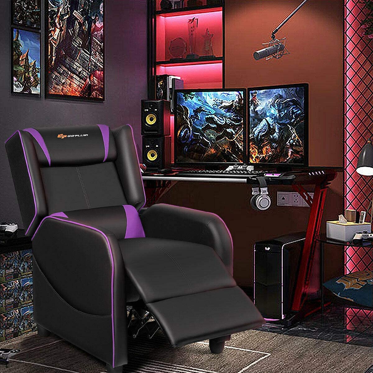 LDAILY Massage Recliner Chair - Racing Style Gaming Chair with Massage Lumbar Support, Adjustable Footrest & Headrest, Ergonomic PU Leather Recliner Sofa for Living Room, Home Office & Gaming Setup (Purple) - Perfect for Relaxation, Work & Entertainment