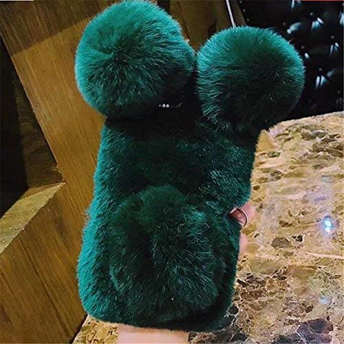 Luxury Winter Warm Handmade Panda Soft Rex Rabbit Fur Fluffy Plush Phone Case for iPhone 13 Pro Max 6.7 Inch (2021) - Cozy & Stylish Protection for Cold Weather, Perfect for Outdoor Activities & Daily Use (Dark Green)