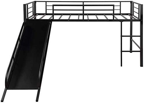 **Metal Twin Low Loft Bed with Slide & Guardrails for Kids - Safe Toddler Bed for Boys & Girls, No Box Spring Needed, Space-Saving Multifunctional Design (Black) - Perfect for Small Bedrooms, Playrooms & Dorm Decor**