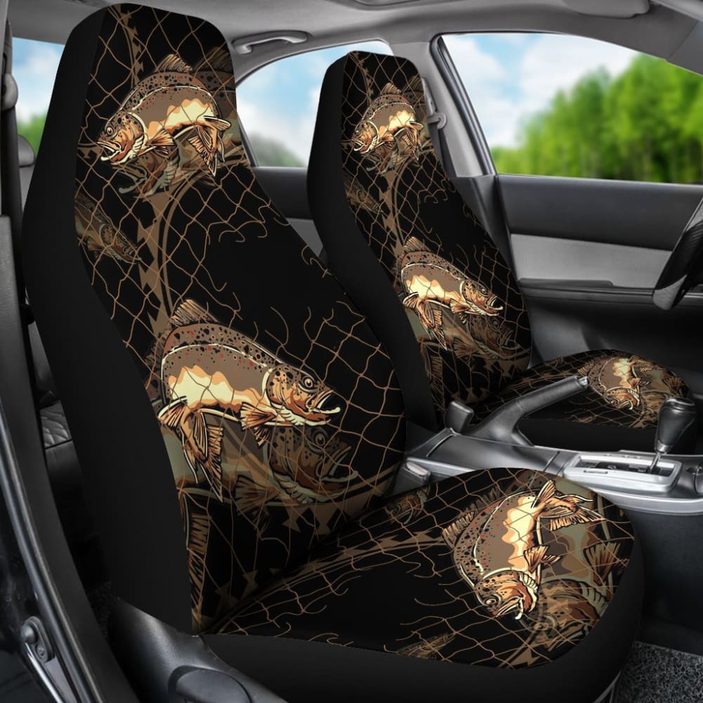 Brown Trout Fishing Net Design Car Seat Covers - Durable & Stylish for Trucks, SUVs & Outdoor Enthusiasts - Perfect for Camping, Road Trips & Fishing Adventures