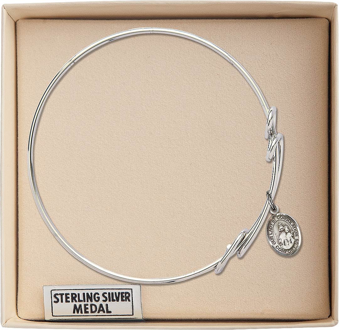 Sterling Silver Round Double Loop Bangle Bracelet with Our Lady of Consolation Charm - Elegant Religious Jewelry for Women, Perfect for Church, Weddings & Everyday Wear