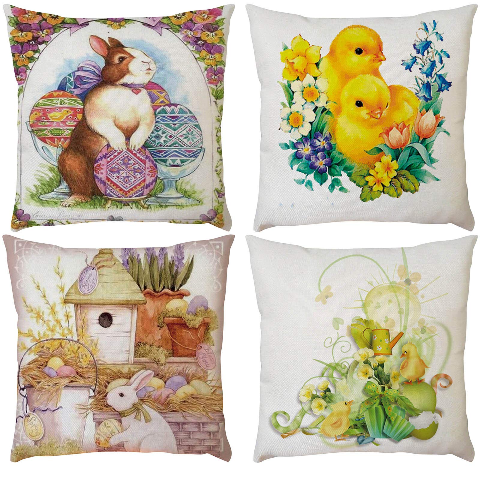 OLOPE Set of 4 18x18 Inch Easter Bunny Pillow Covers - Floral Spring Cotton Cushion Cases for Sofa, Bed & Home Decor - Perfect for Easter Decorations, Living Room Accents & Seasonal Home Styling