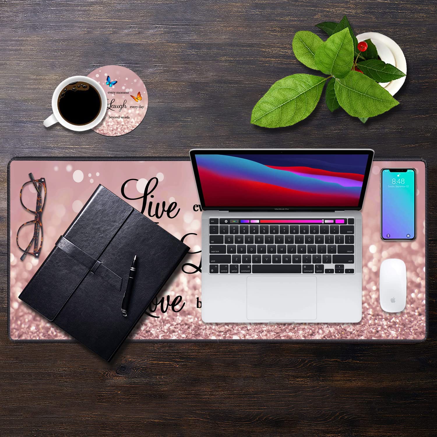 XXL Gaming Mouse Pad 31.5x11.8 Inches - Non-Slip Desk Mat with Stitched Edges & 4 Coasters for PC, Laptop, Office & Home Gaming Setup - Glitter Live Laugh Love Design - Perfect for Work, Gaming & Computer Use