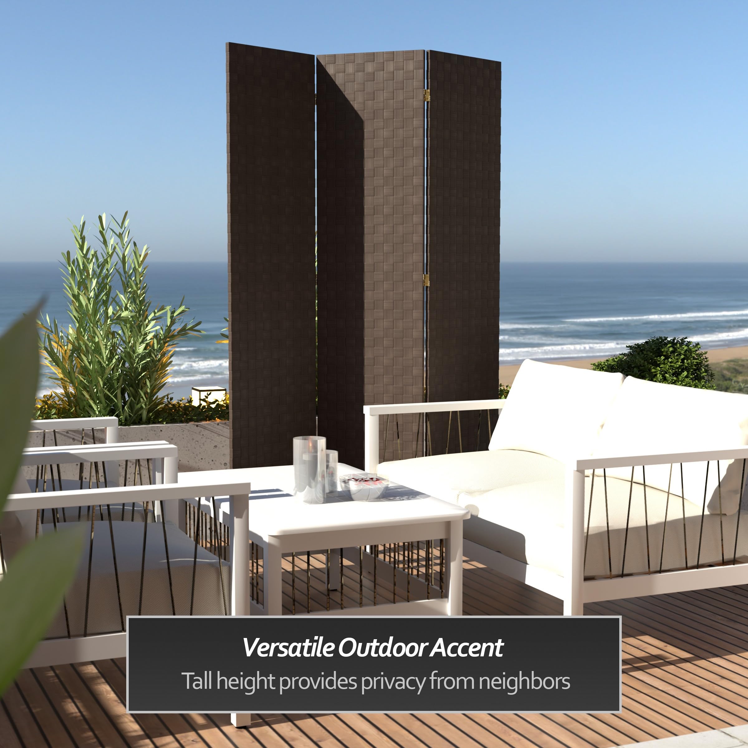 6 ft. Tall Dark Brown Woven Fiber Outdoor Room Divider - All Weather 3 Panel Red Lantern Design for Patio, Garden, and Backyard Privacy