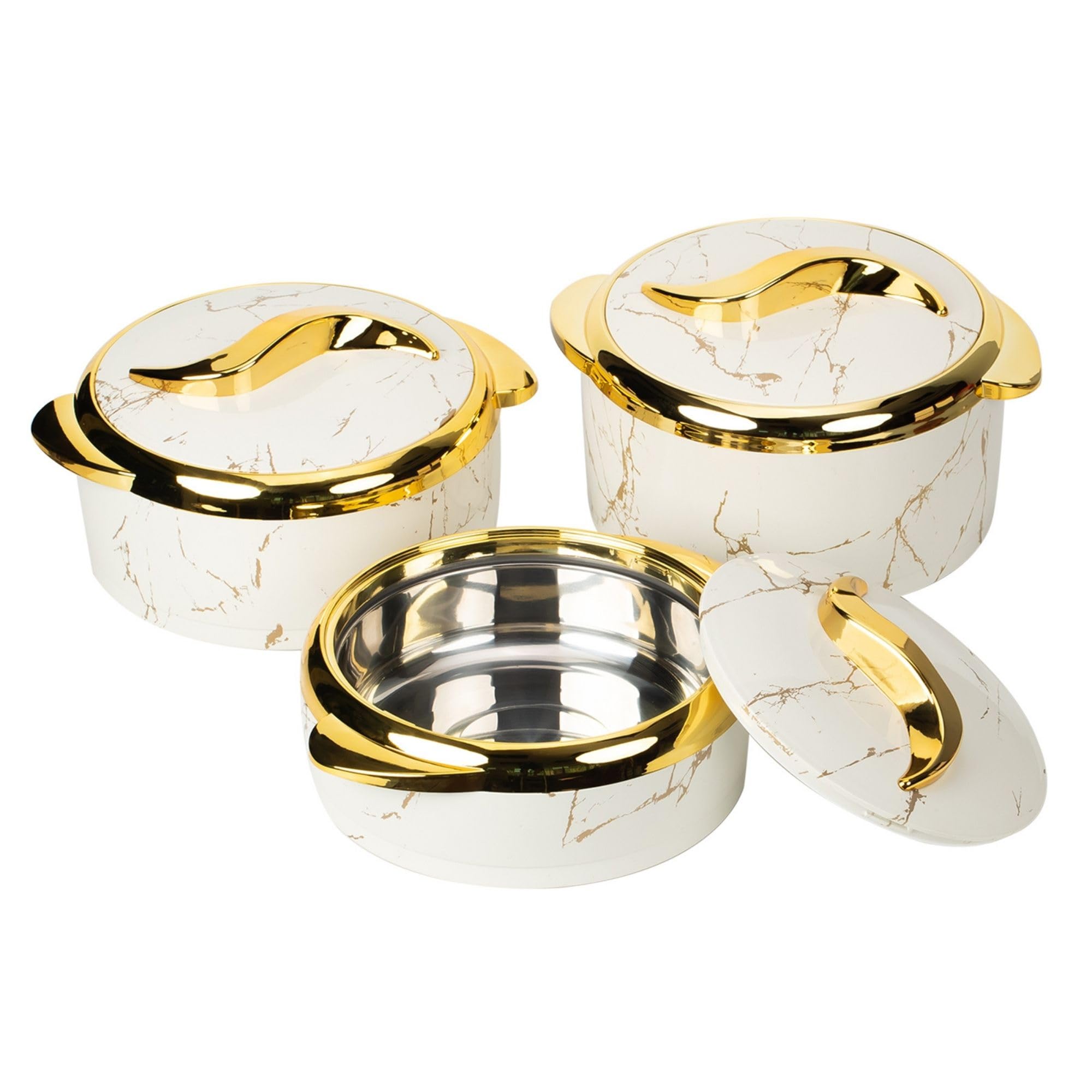 Premium 3-Piece Thermal Casserole Dish Set (2.6QT/2.1QT/1.6QT) with Lids - Insulated Stainless Steel Food Containers for Hot & Cold Dishes - Elegant Marble White Serving Bowls for Buffets, Parties, Picnics & Family Dinners