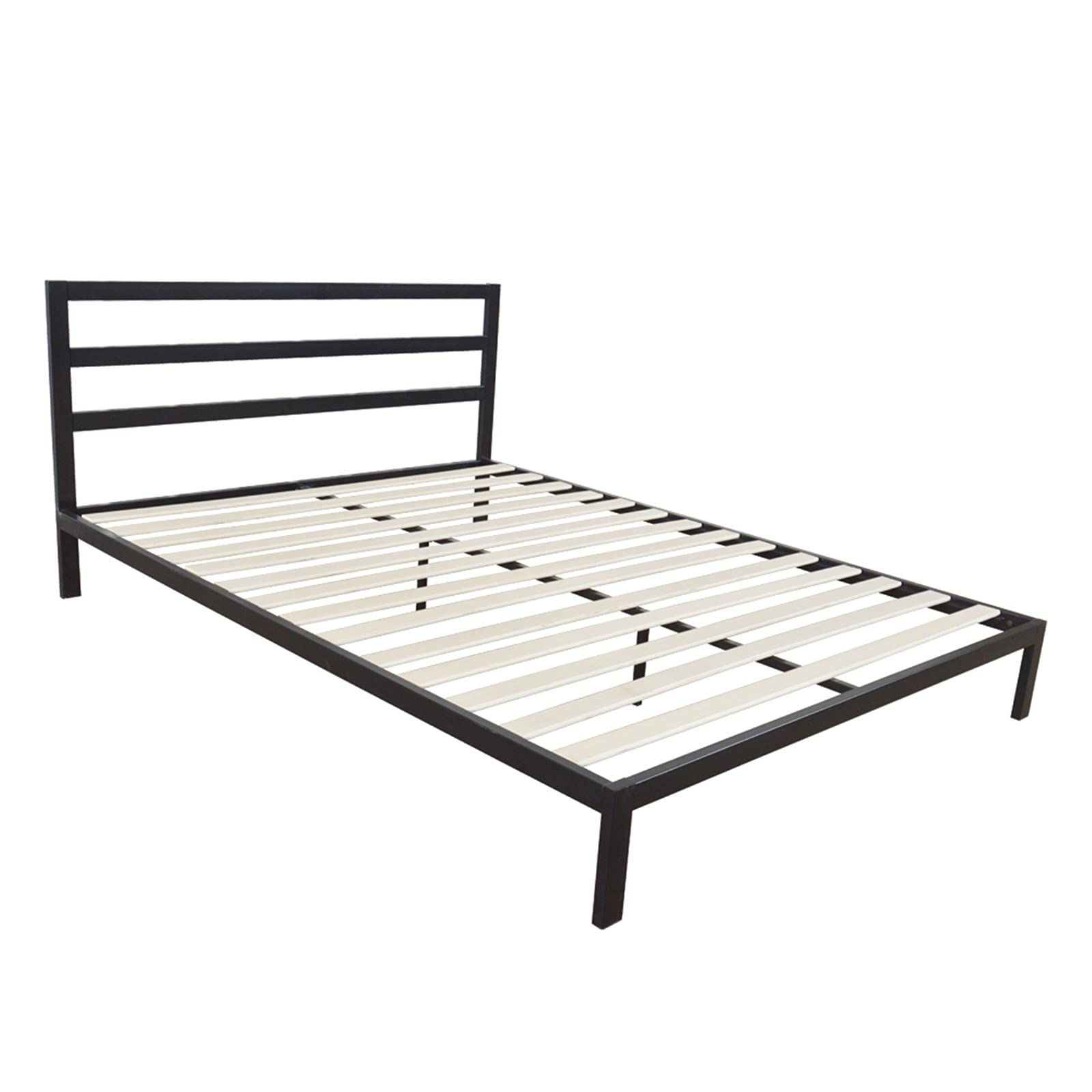 Iron Bed Frame Queen Size - Black Square Horizontal Bar Headboard - Sturdy Metal Platform Bed for Bedroom, Guest Room, or Dorm - Easy Assembly & Modern Design