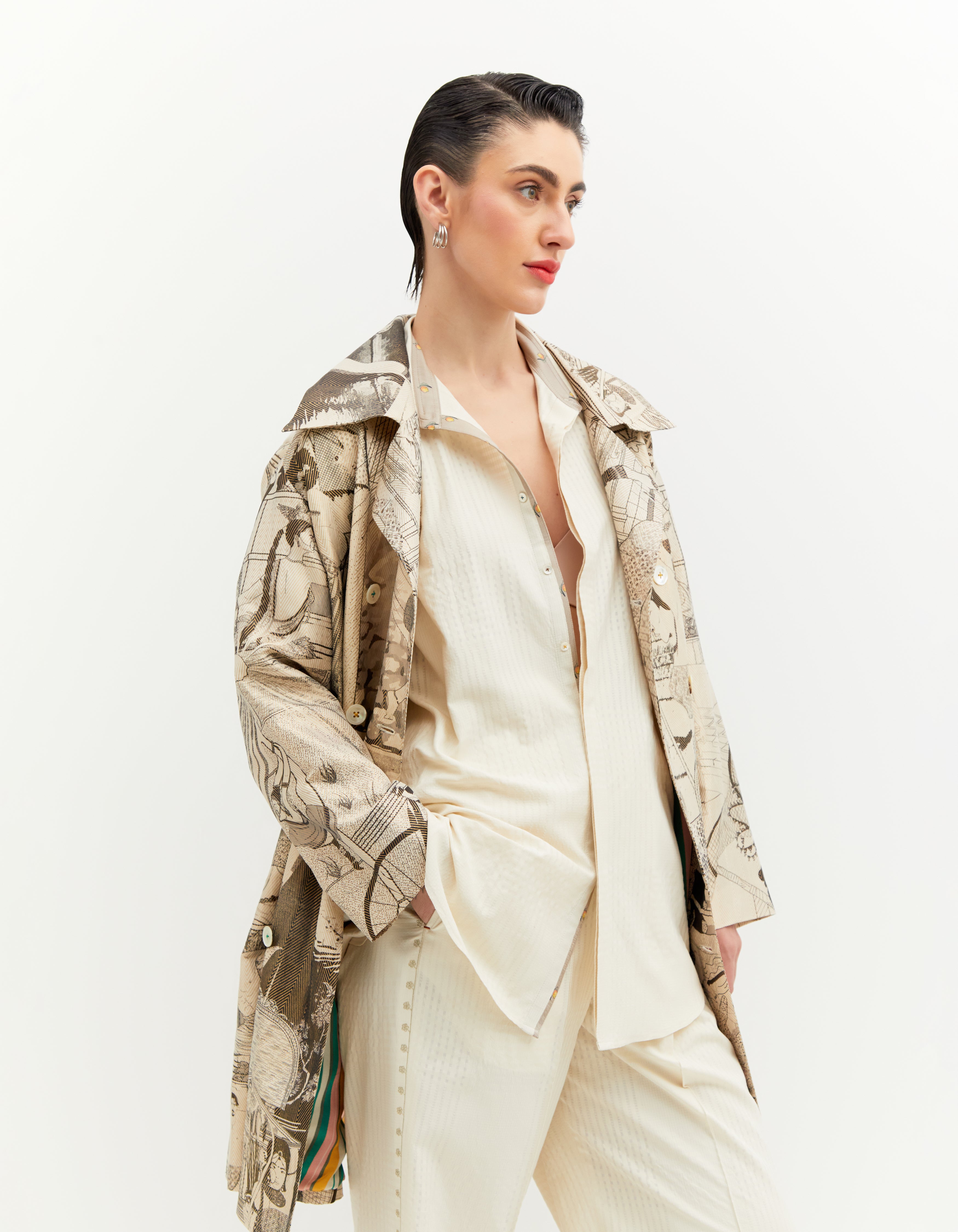 SD Leap Trench Coat - Elegant Silk Brocade in Black & White - Perfect for Business Meetings & Formal Events