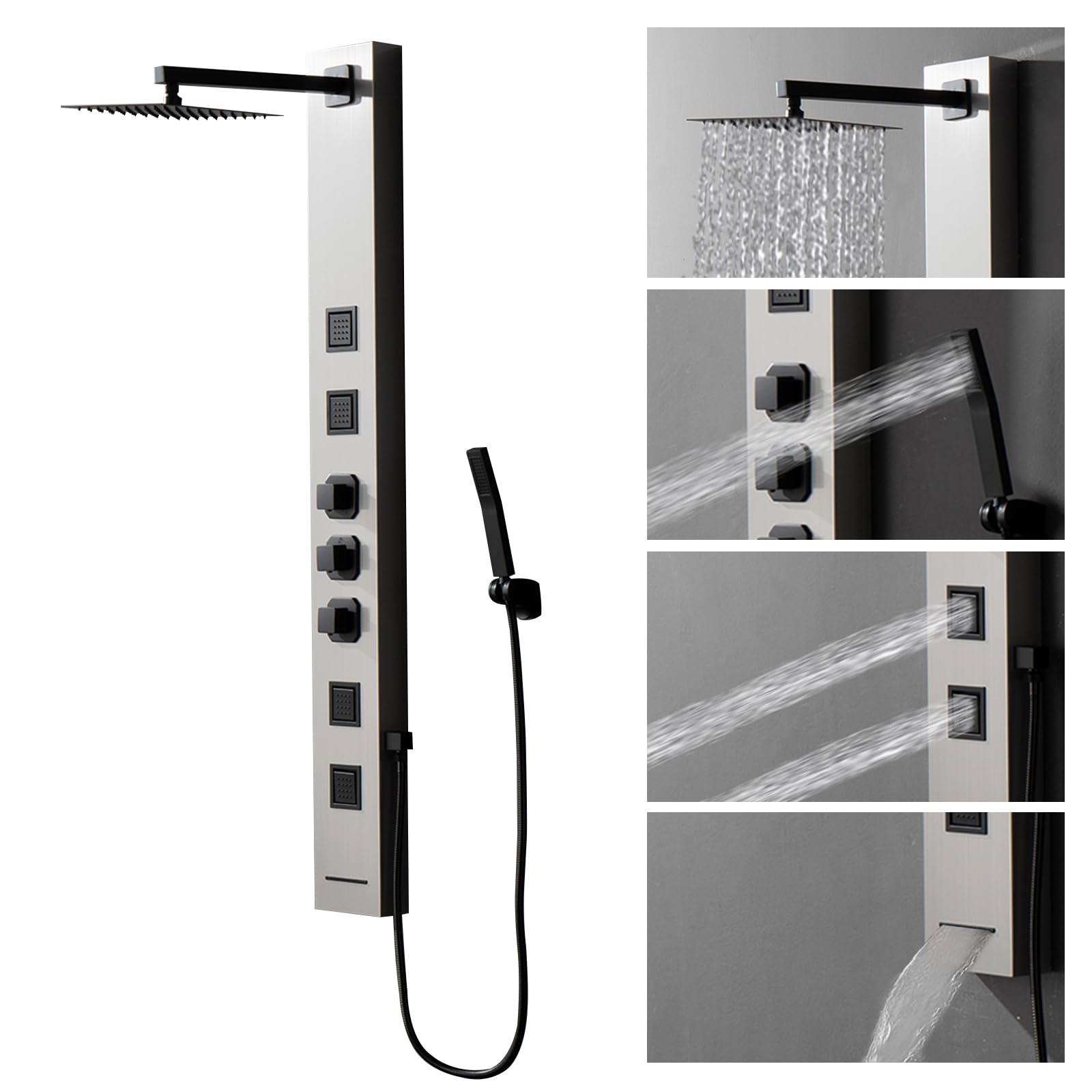 Homevacious Stainless Steel Shower Panel Tower System - Wall-Mounted Rainfall Shower Head with 4 Massage Jets, Tub Spout & Handheld Shower in Brushed Nickel | Luxury Bathroom Upgrade for Spa-Like Experience