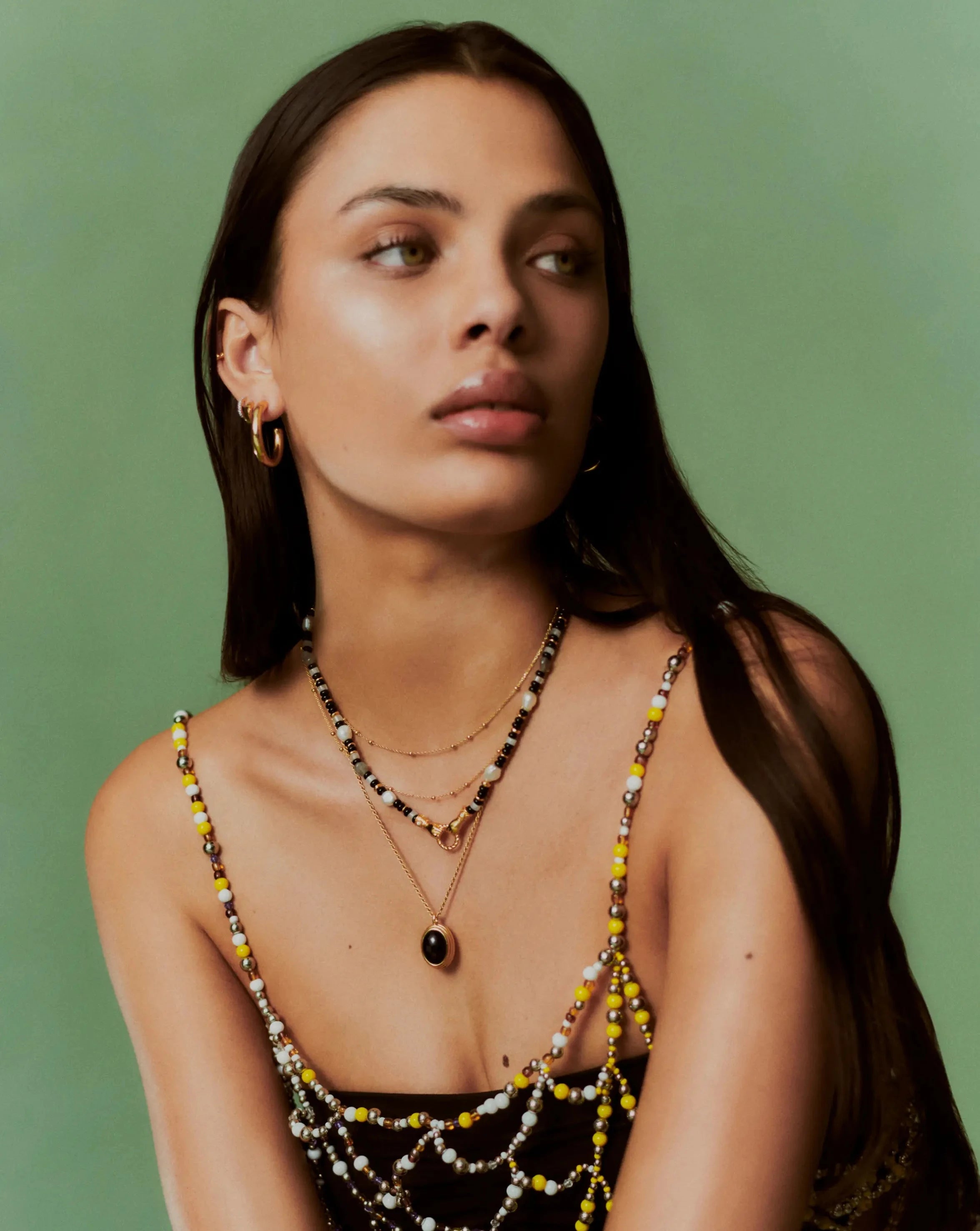 Harris Reed In Good Hands Beaded Gemstone Necklace - 18k Gold Plated Black Chalcedony & Pearl Jewelry for Women | Elegant Layered Necklace for Party, Wedding & Special Occasions