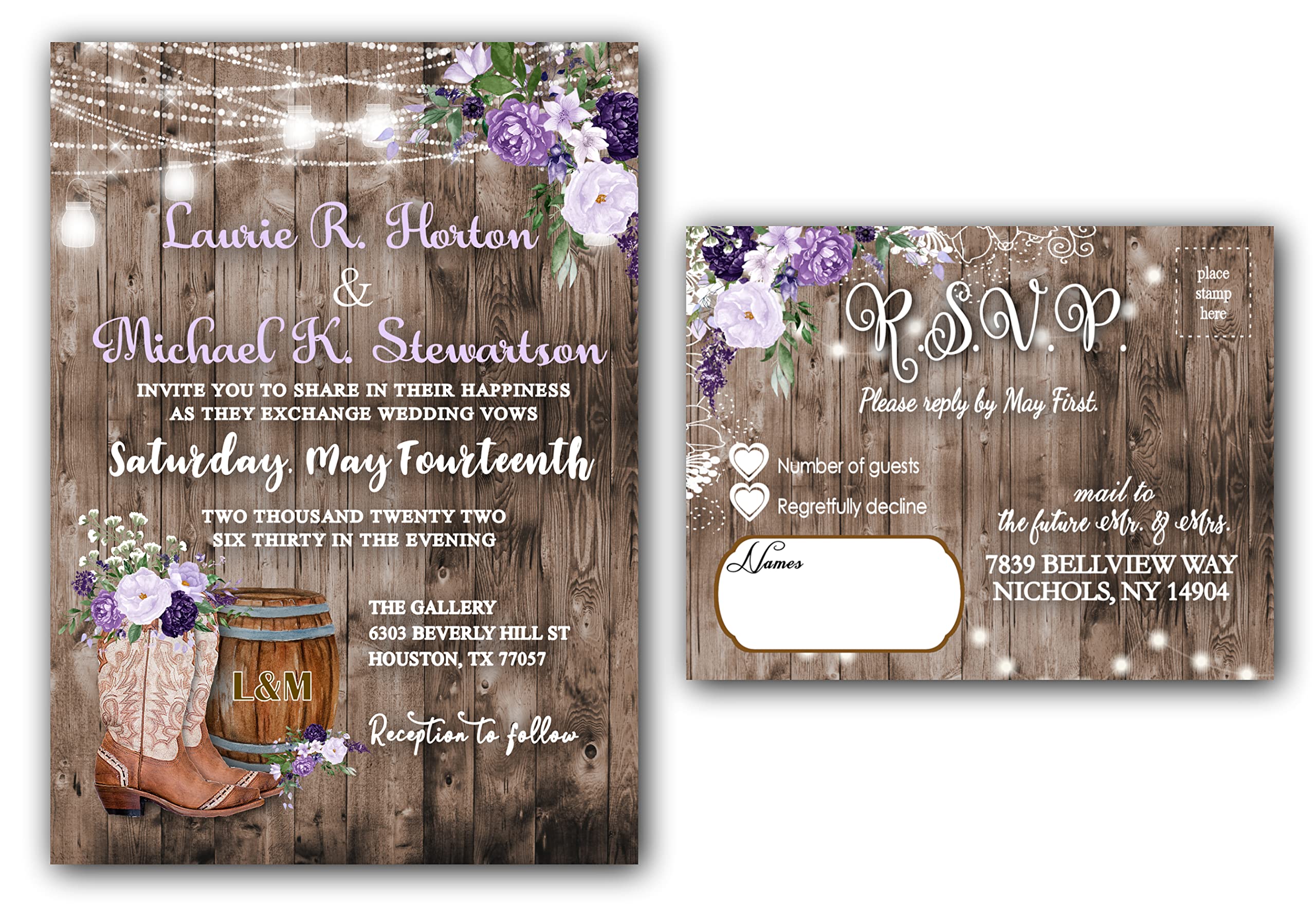 **Personalized Cowgirl Wedding Invitations & RSVP Cards Set of 50 – Rustic Country Boot Design for Western Themed Weddings, Bridal Showers & Engagement Parties**