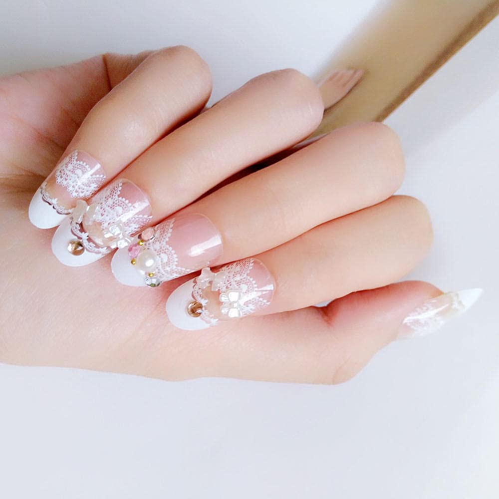 24-Piece 3D Transparent Lace False Nails Set for Women - Full Cover Fake Nails with Wrapped Tips - Perfect for Wedding, Bridal Party & Special Occasions