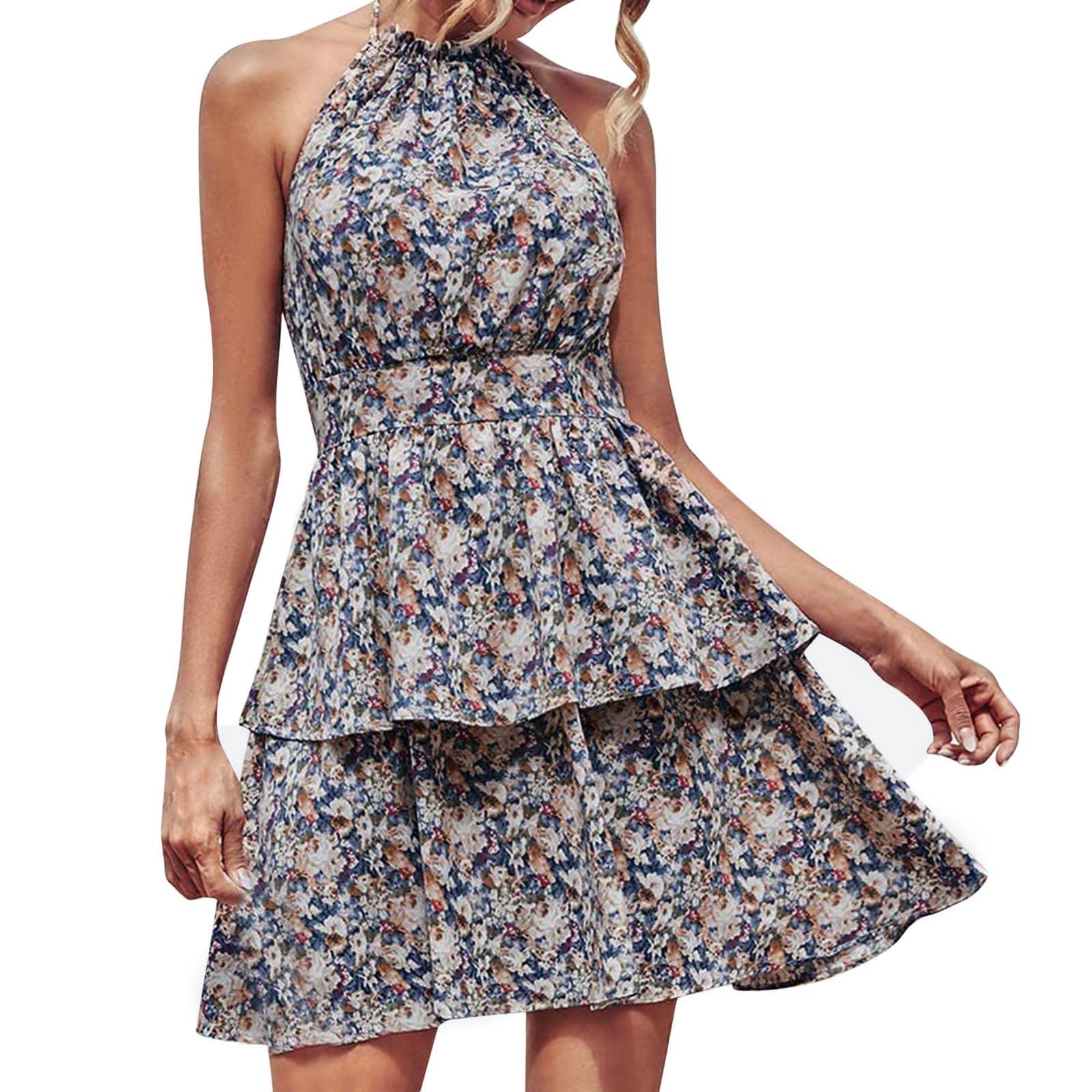 Women's Summer Boho Floral Sundress - Sleeveless Halter Neck Elastic Waist Tiered Ruffle Mini Swing Dress for Beach, Vacation & Casual Wear | Vestidos