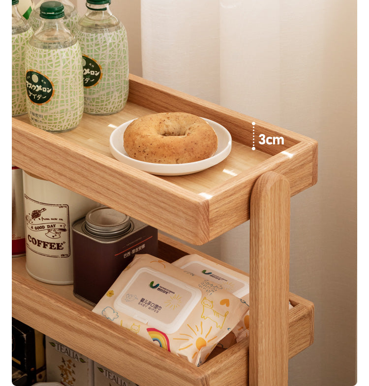 Oak Solid Wood Mobile Storage Rack Cart - Ultra Narrow Space-Saving Organizer for Kitchen, Bathroom, or Office Use