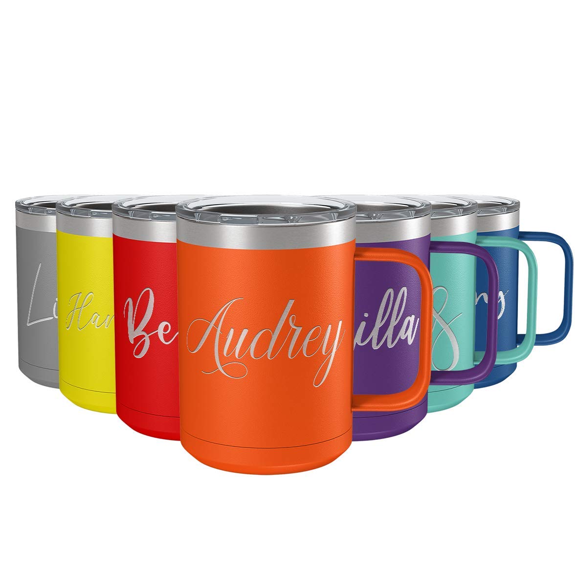 Custom Engraved 15 oz Orange Matte Stainless Steel Vacuum Insulated Coffee Mug - Personalized Gift with Handle for Office, Travel & Home Use