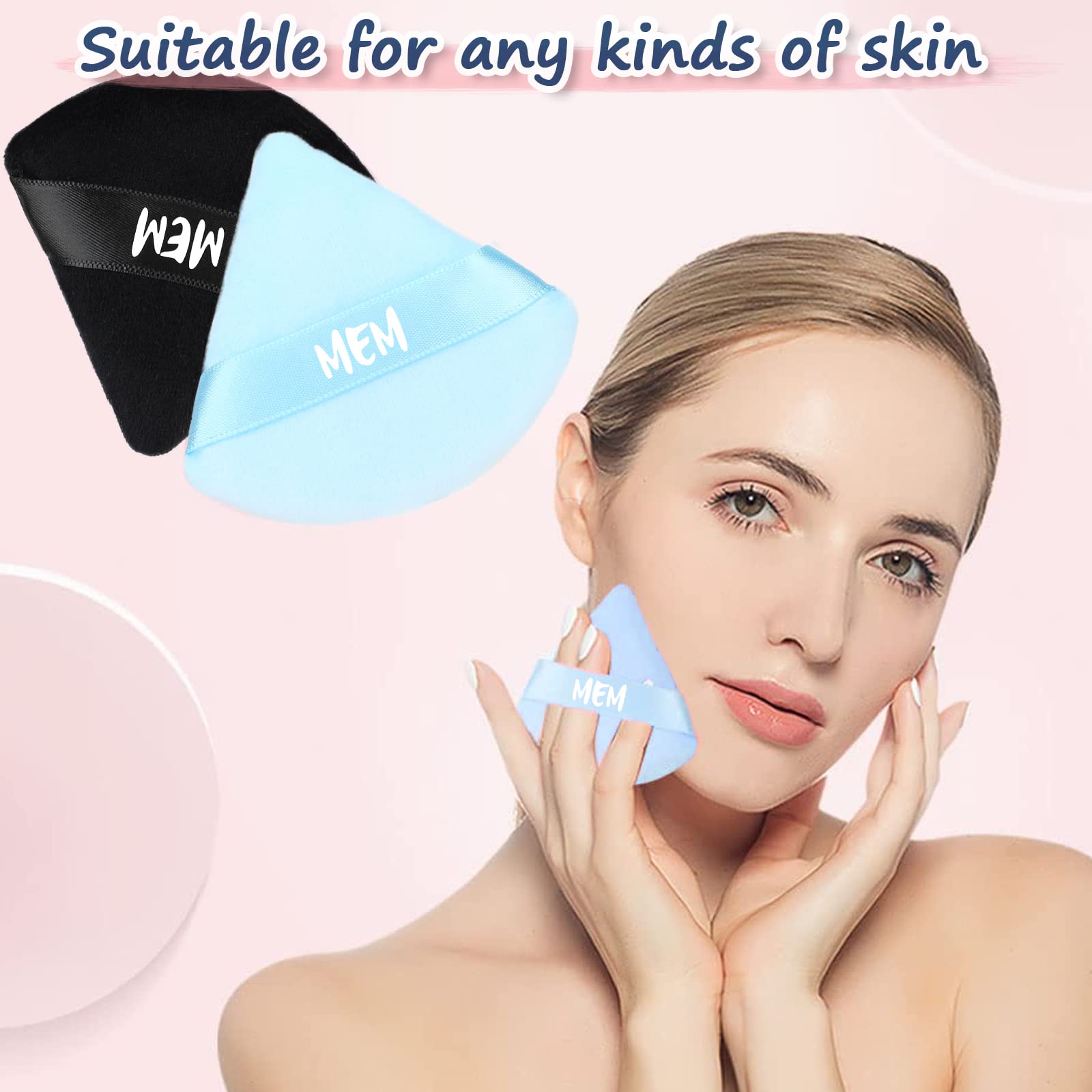 8-Piece MEM Triangle Powder Puff Set - Soft Velour Makeup Sponges for Loose & Pressed Powder Application (Wet/Dry Use) | Skin-Friendly Beauty Blenders with Satin Ribbon Handle | Perfect for On-the-Go Touchups & Professional Makeup Application