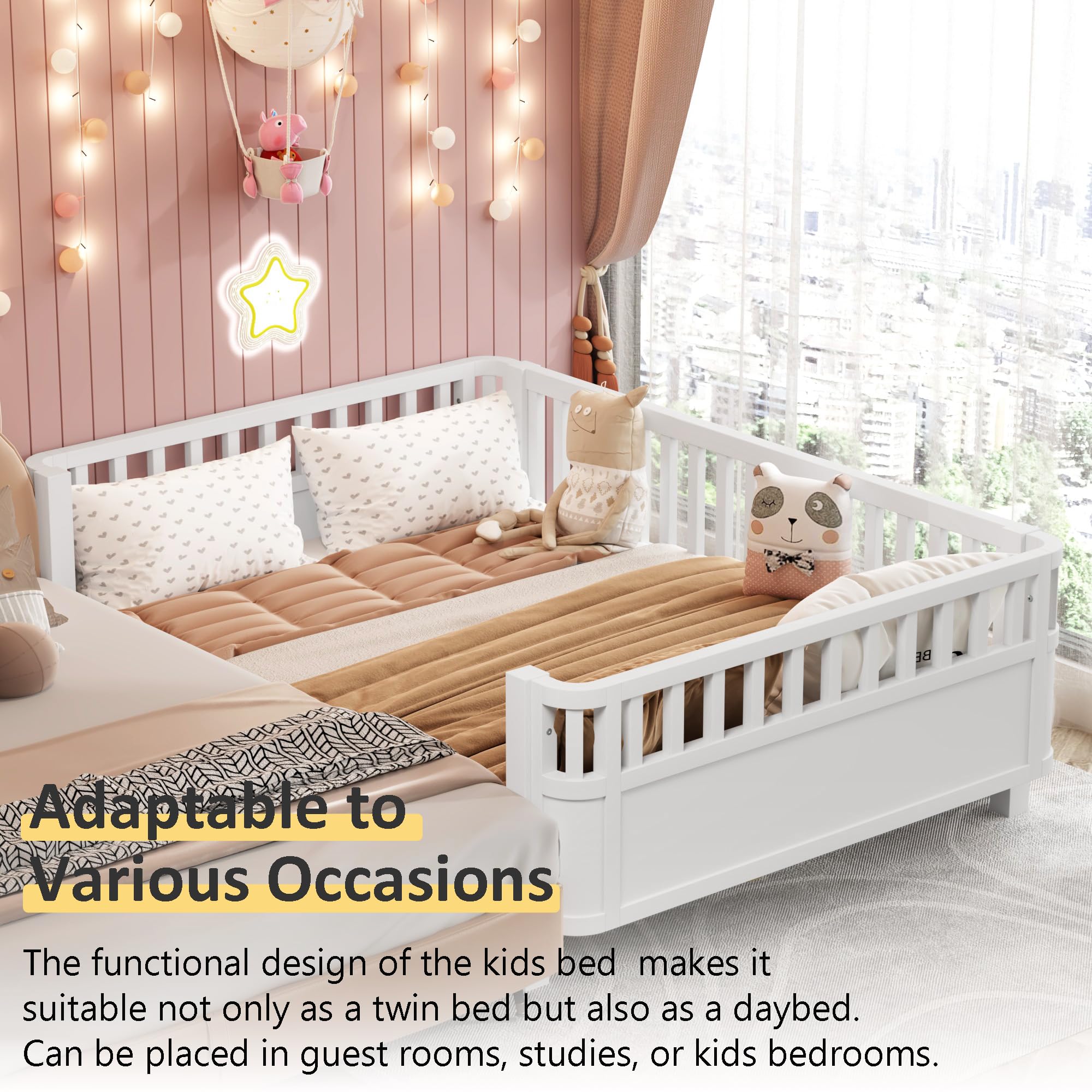 Montessori Full Size Bed with Guardrails - Solid Wood Kids Bed Frame with Slats Support - Low Profile Modern Toddler Bed with Removable Side Rails for Boys & Girls - Perfect for Bedroom, Nursery or Playroom - White