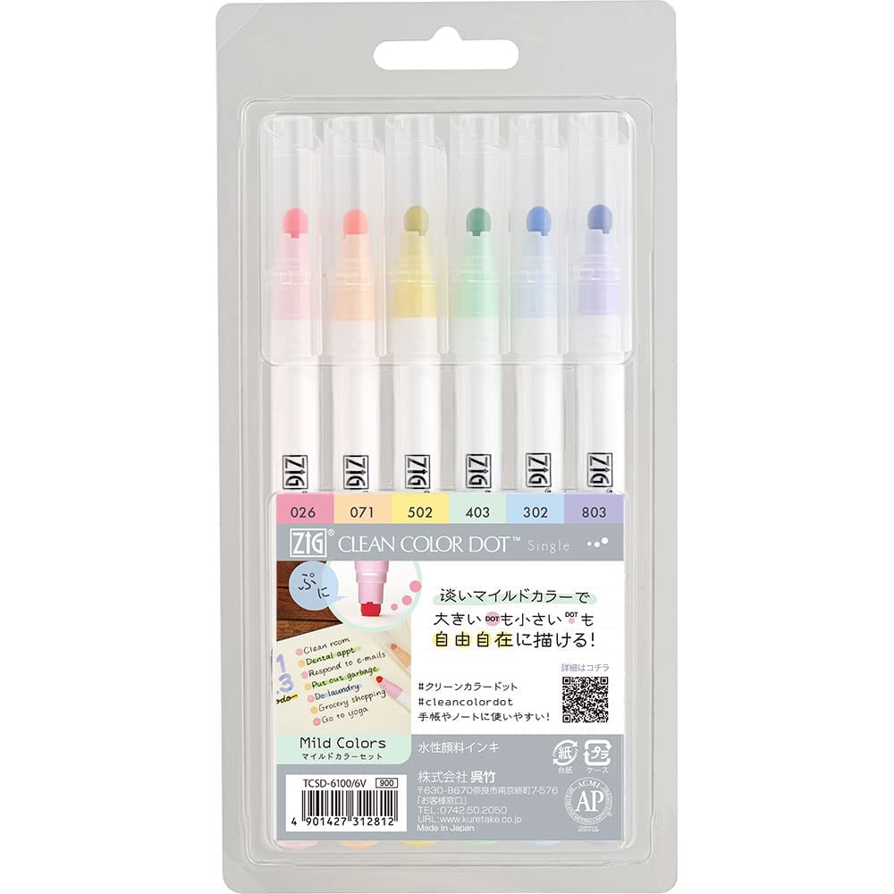 Kuretake Zig Clean Color Dot Pens - Water-Based Marker Set of 6 Mild Colors (TCSD-6100/6V) for Bullet Journaling, Scrapbooking & Planner Decoration