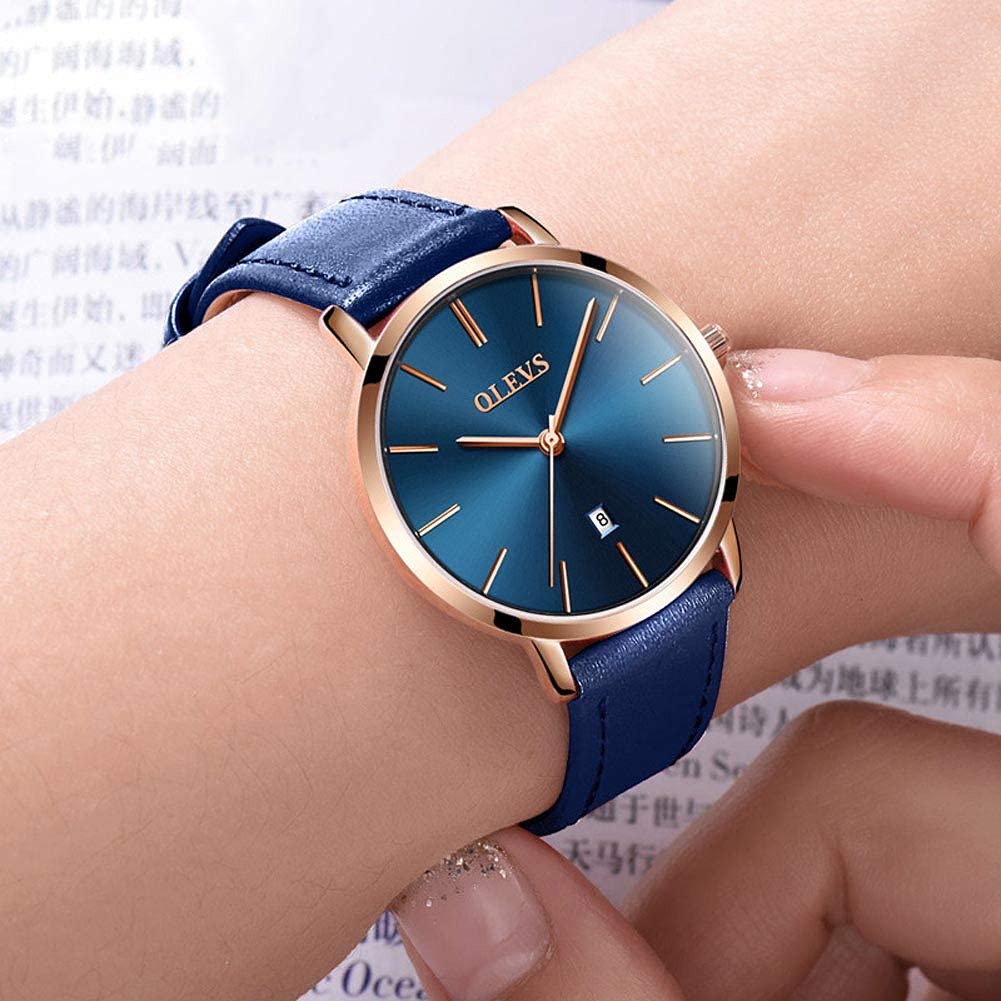 OLEVS Women's Waterproof Analog Quartz Watch - Ultra Thin Blue Leather Strap with Date Calendar - Elegant Wristwatches for Women - Perfect Gift for Her, Ideal for Office, Party & Everyday Wear