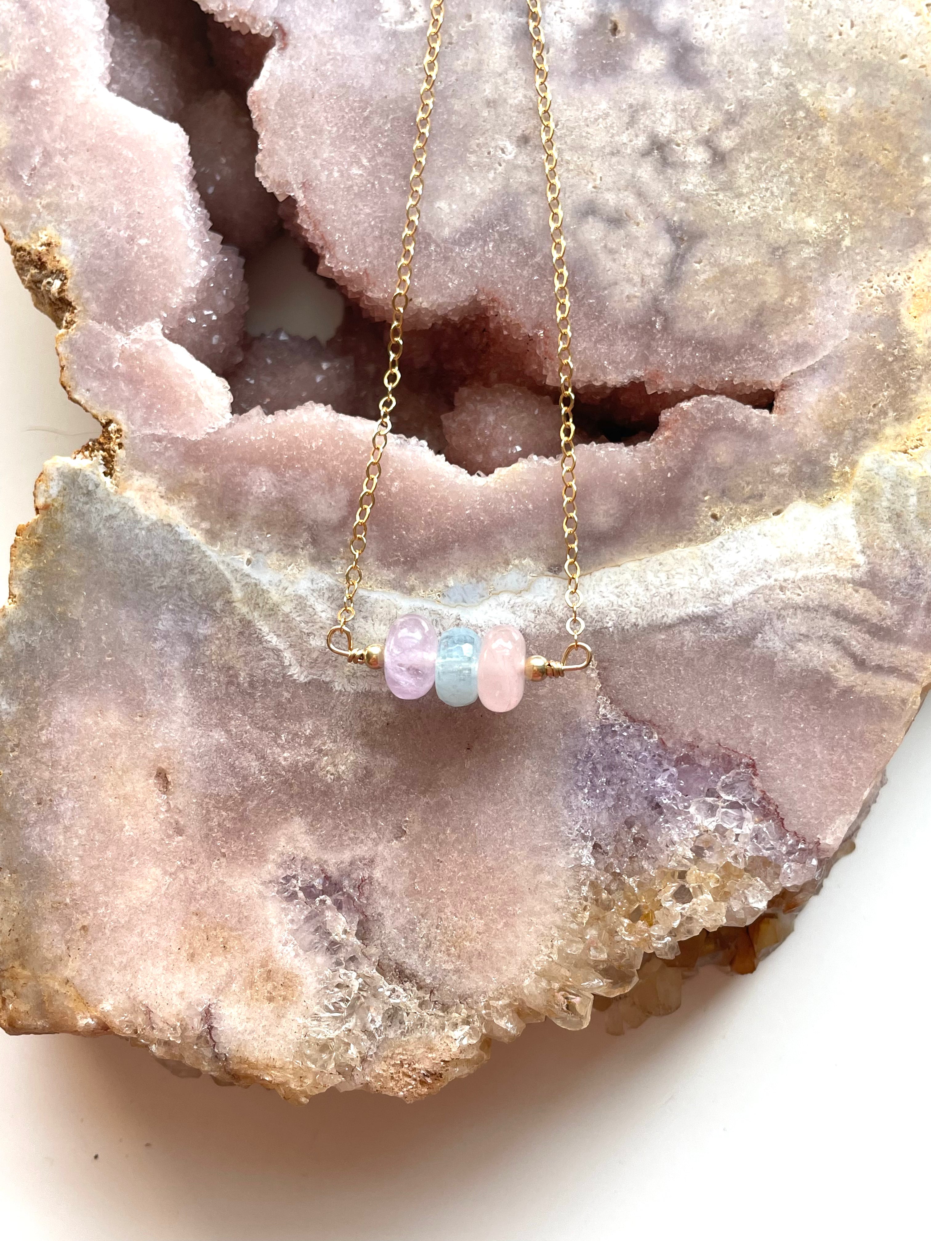 Amethyst Aquamarine Rose Quartz Gemstone Necklace - Silver or Gold Crystal Healing Jewelry for Women - Perfect for Meditation, Yoga & Spiritual Gifts