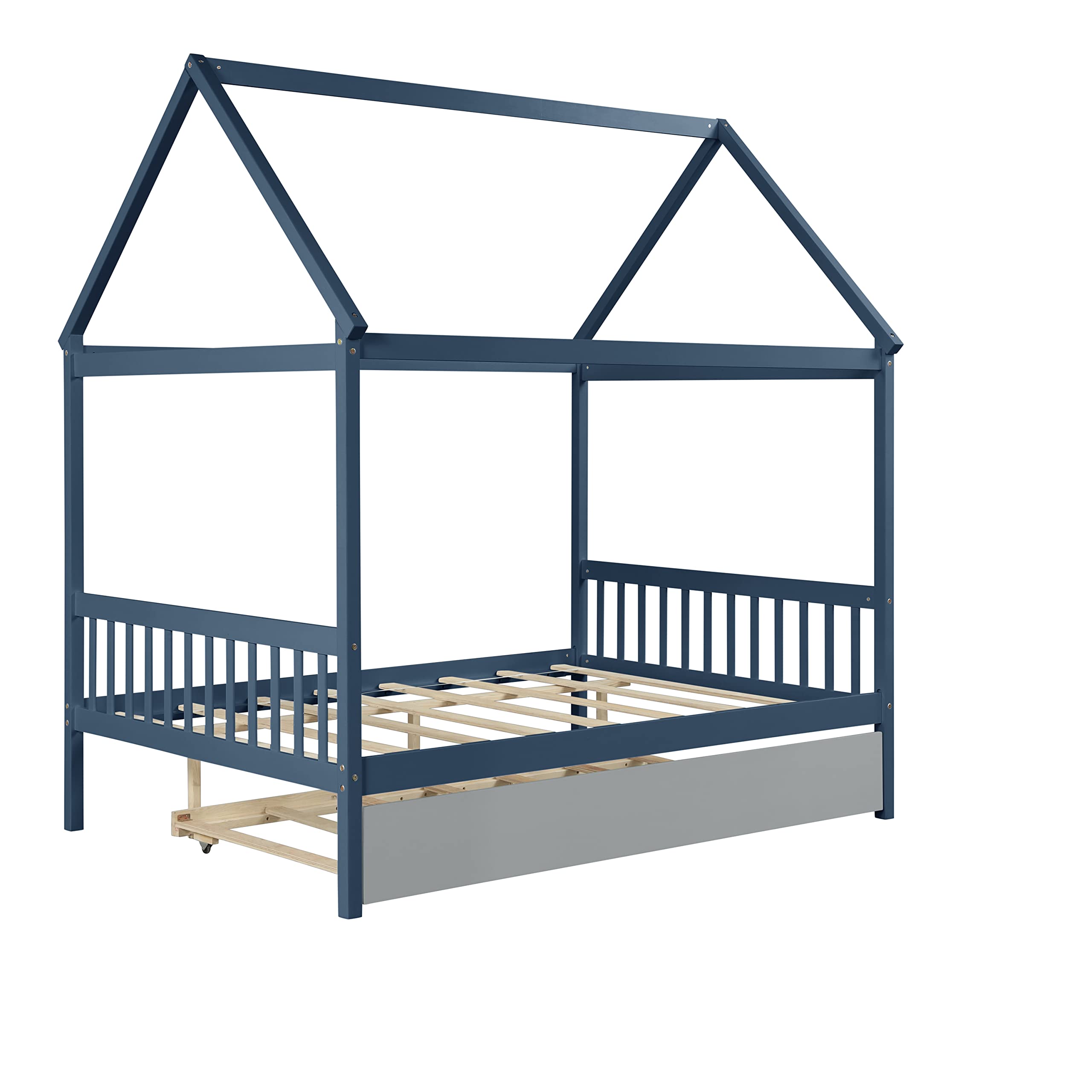 Harper & Bright Designs Full Size House Bed with Trundle - Wooden Daybed for Kids, Boys & Girls - Full Platform Bed Frame with Canopy for Bedroom (Blue & Grey) - Perfect for Small Spaces, Playrooms & Kids' Bedrooms