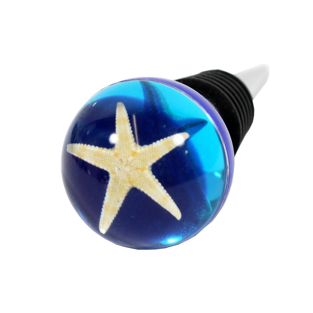 Real Starfish in Clear Blue Acrylic Wine Stopper - Unique Decorative Bottle Stopper for Wine, Champagne & Liquor - Perfect for Beach Themed Parties, Coastal Home Decor & Gift Giving