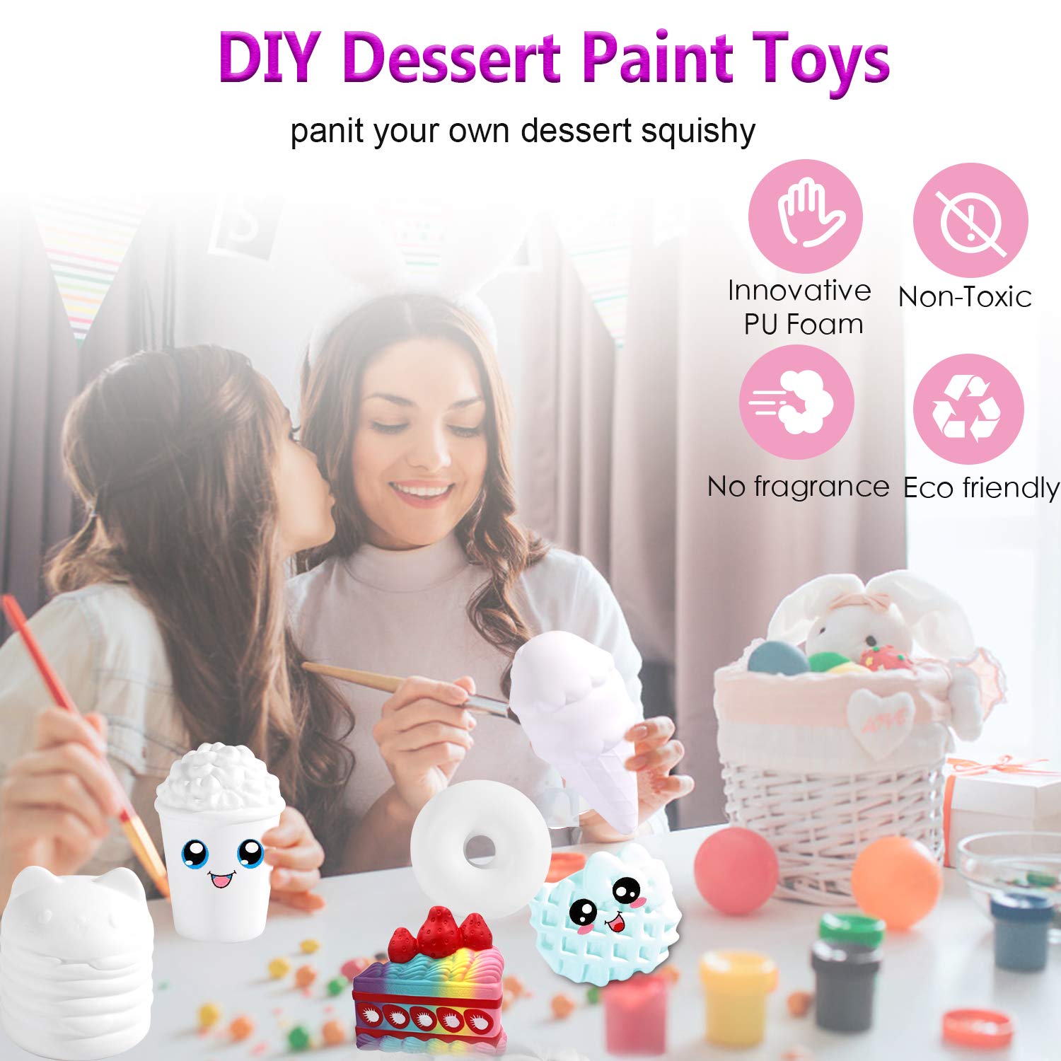 7Pcs DIY Dessert Squishies Kit for Girls - Arts & Crafts Gift for Kids & Adults - Stress Relief Toys for Christmas & Home Decor