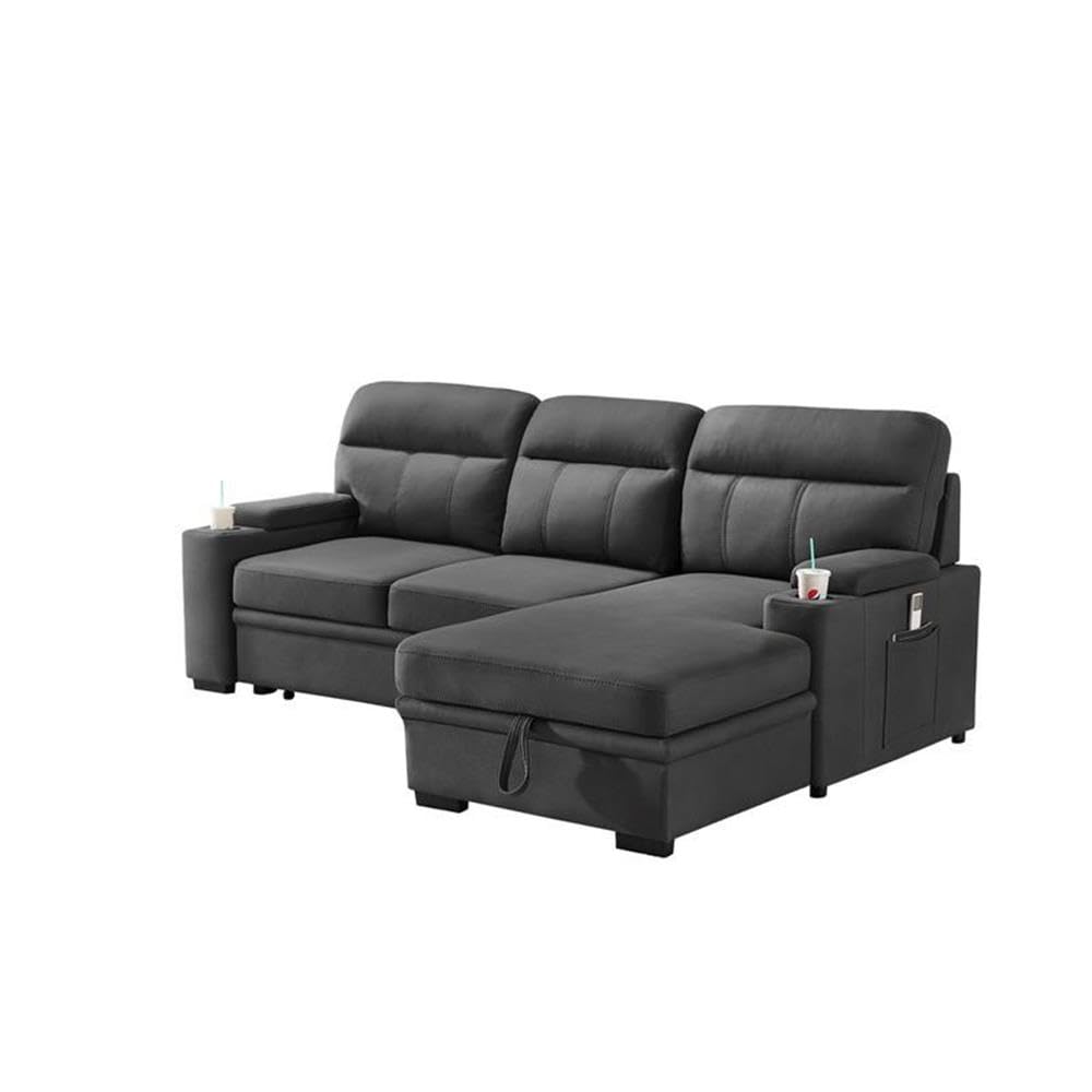 MAKLAINE Modern Microfiber Sectional Sofa with Chaise, Storage & Cup Holders - Gray Contemporary Sleeper Sofa for Living Room, Home Theater & Small Spaces