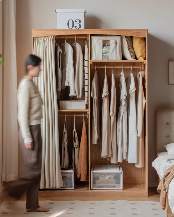 Oak Solid Wood Wardrobe with Curtain Design - Elegant Closet Storage for Bedroom, Living Room & Dorm Organization