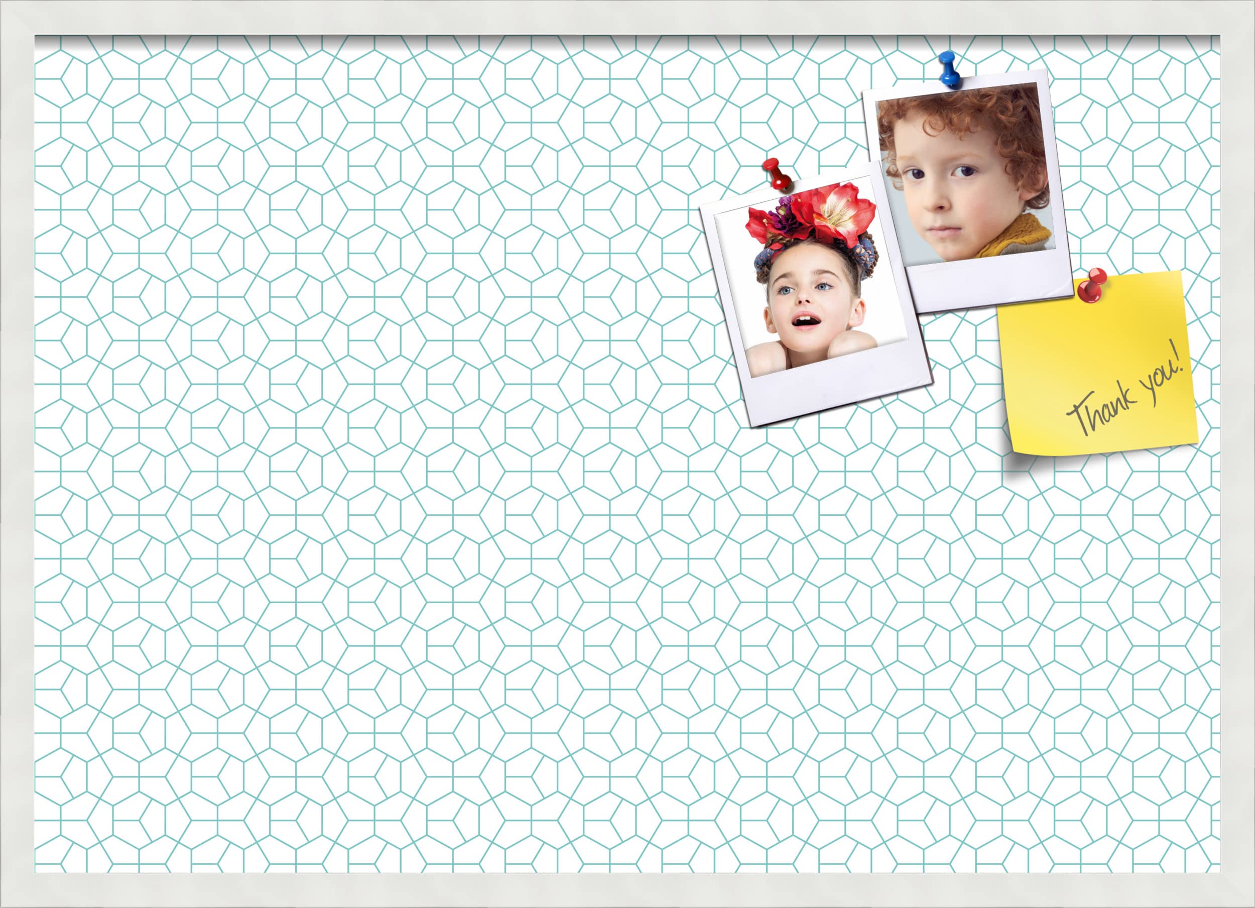 PinPix 34x24 Inch Cork Bulletin Board with Modern Hex Aqua Design & Satin White Frame - Decorative Wall Pin Board for Home Office Decor, School Classroom, Dorm Room Organization & Message Display