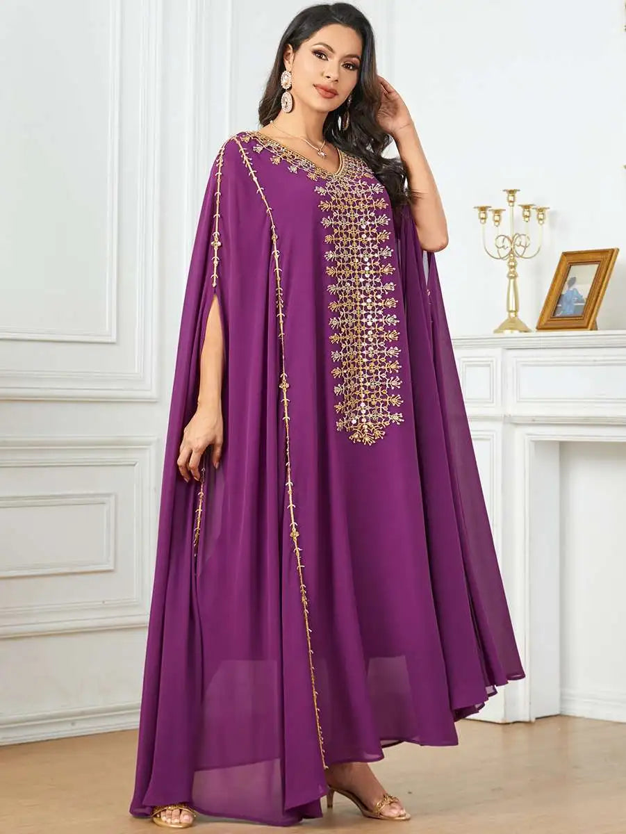Elegant Eid Caftan Dress for Muslim Women - Flowy Chiffon Embroidery Maxi Dress - Perfect for Eid Celebrations, Weddings & Special Occasions
