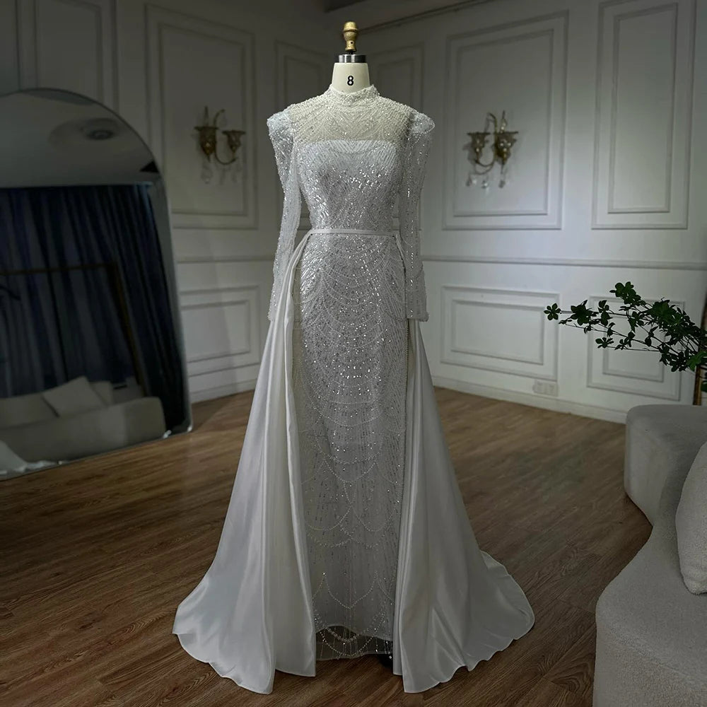Luxury Dubai White Muslim Mermaid Evening Dress with Detachable Overskirt - Formal Gown for Weddings, Parties & Special Occasions - LA72032L