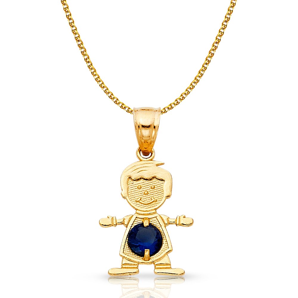 14K Yellow Gold September Birthstone Cubic Zirconia CZ Boy Charm Pendant with 1.2mm Flat Open Wheat Chain Necklace - Elegant Jewelry Gift for Mom, Wife, Girlfriend | Birthday, Anniversary, Valentine's Day Present