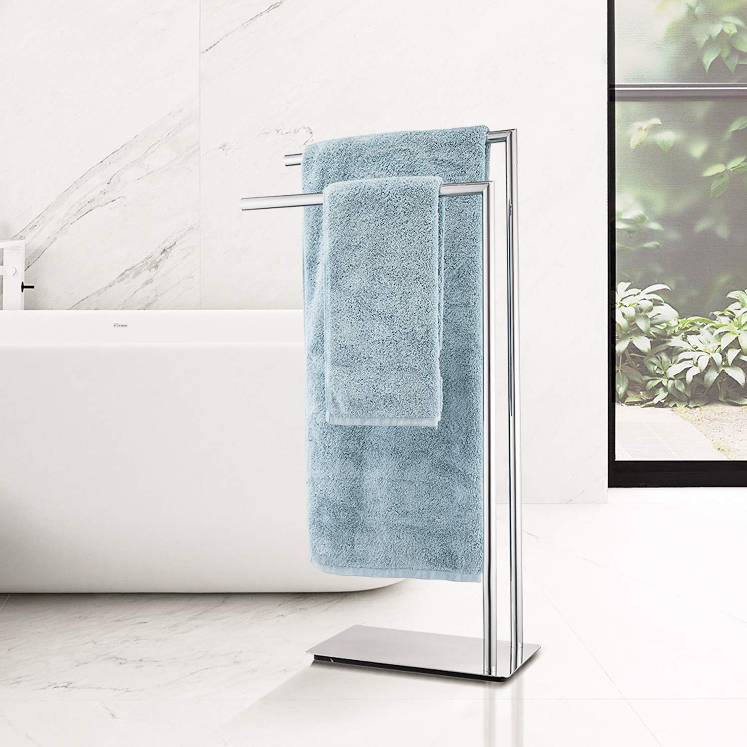 Freestanding Double Towel Rack - Rustproof Bathroom Towel Holder Stand with Brass Chrome Finish - Perfect for Bathroom, Spa, and Laundry Room Organization