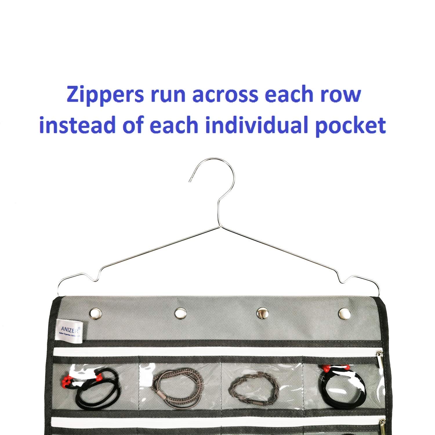 Dual-Sided Zippered Jewelry Organizer with Hanger - 28 Clear Pockets & 20 Tape Loops - Perfect for Travel, Home & Closet Storage (Grey)