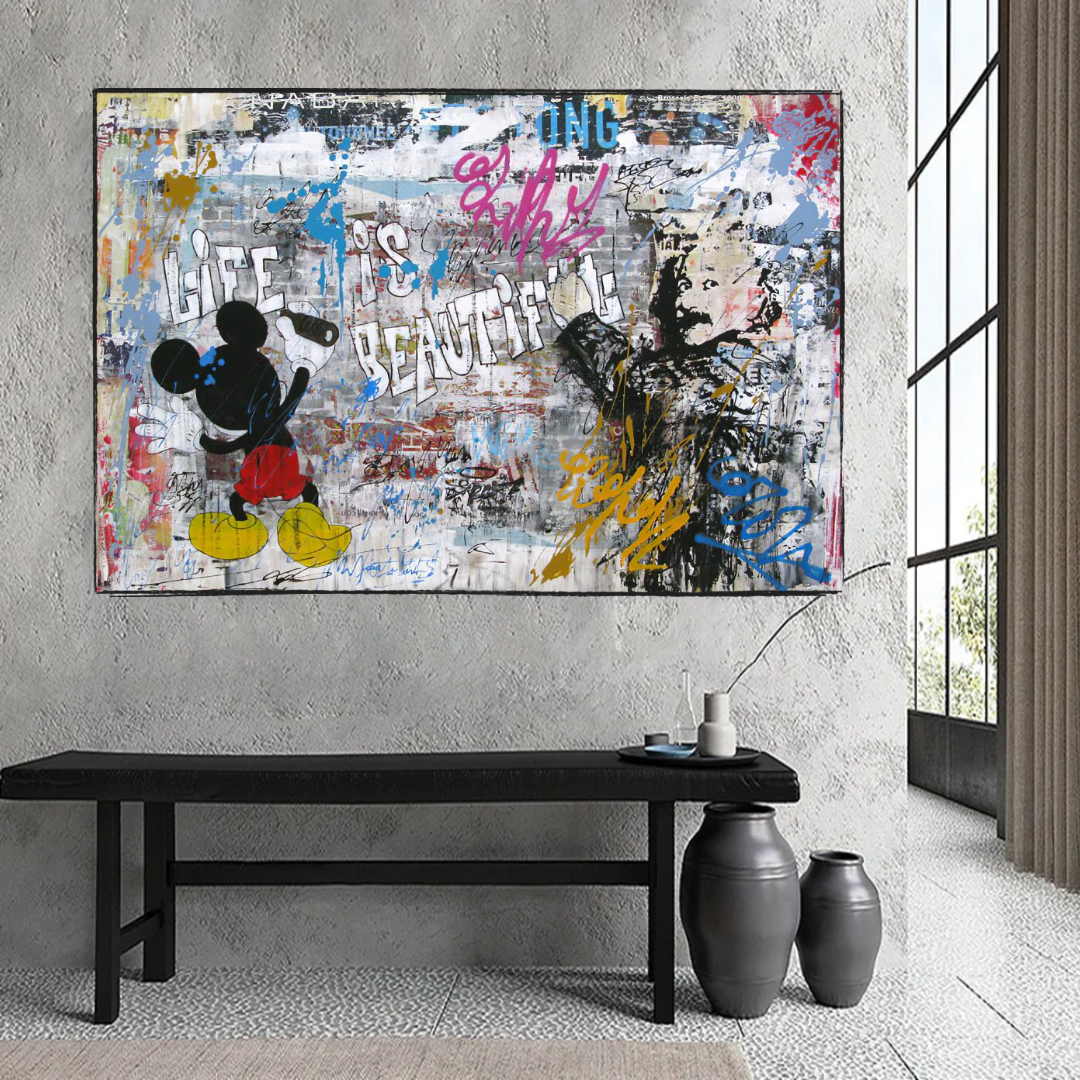 Banksy Life is Beautiful Mickey Mouse Canvas Wall Art Print - Pop Art Home Decor for Living Room, Bedroom & Office