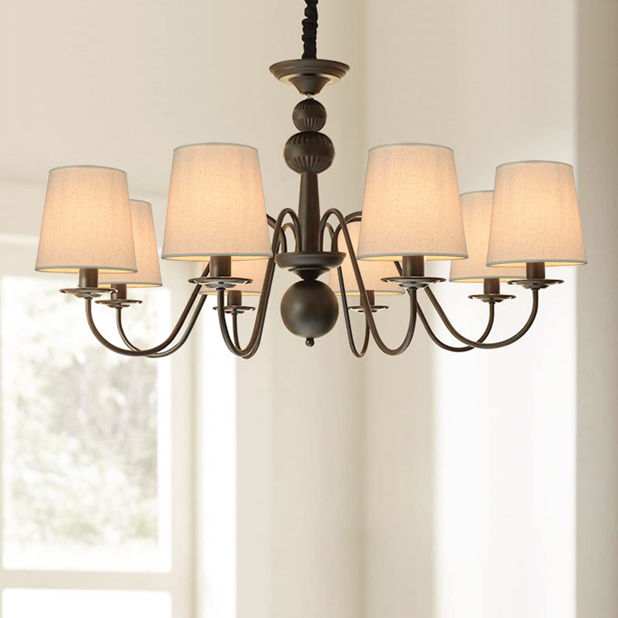 LAMPWELL VALO Clip-on Chandelier Fabric Lamp Shades - Set of 6 Small Barrel Linen Shades (5.2×4×5.2 inches) | Handmade Traditional Decorative Beige Lamp Covers for Candle Bulbs | Perfect for Dining Room, Bedroom & Living Room Lighting