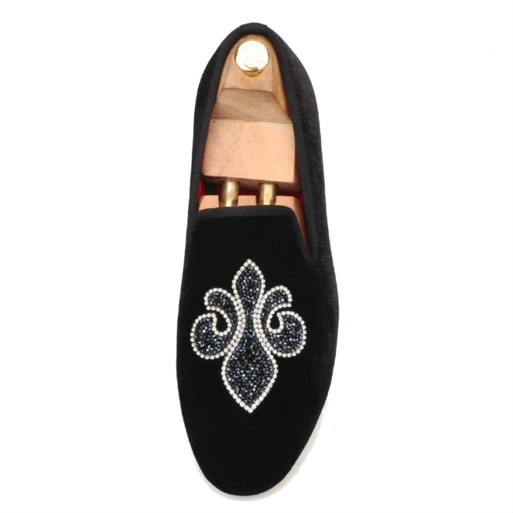 FERUCCI Handmade Men's Black Velvet Slippers - Crystal Embroidered Loafers for Indoor & Outdoor Comfort | Perfect for Home, Lounge & Casual Wear