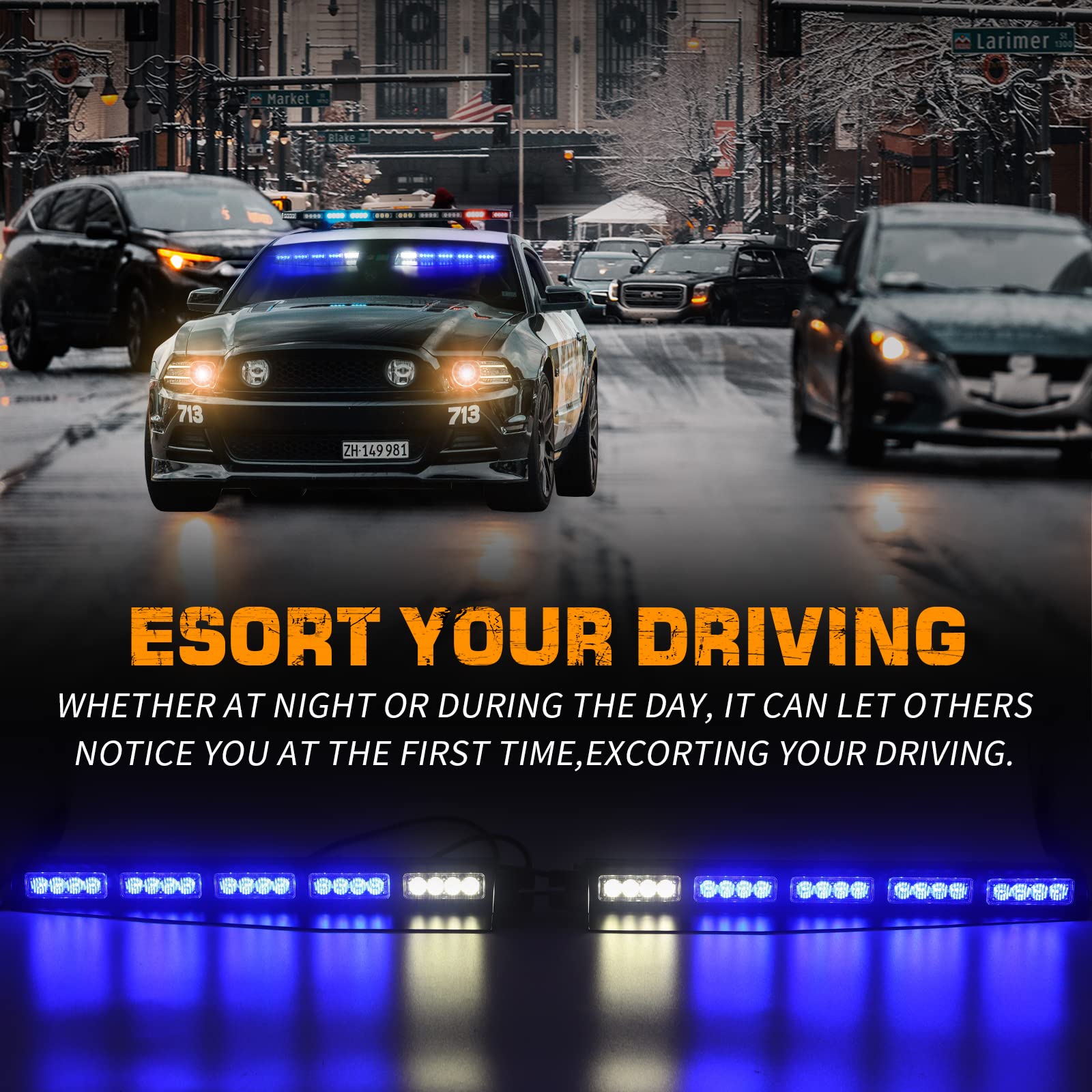 XRIDONSEN 40 LED Blue Emergency Visor Light Bar - 2x17 Inch Interior Windshield Strobe Warning Lights with White Take Down Deck & Split Mount for Police, Firefighter, Security Vehicles & Trucks - Perfect for Roadside Emergencies, Night Patrols & Traffic Control