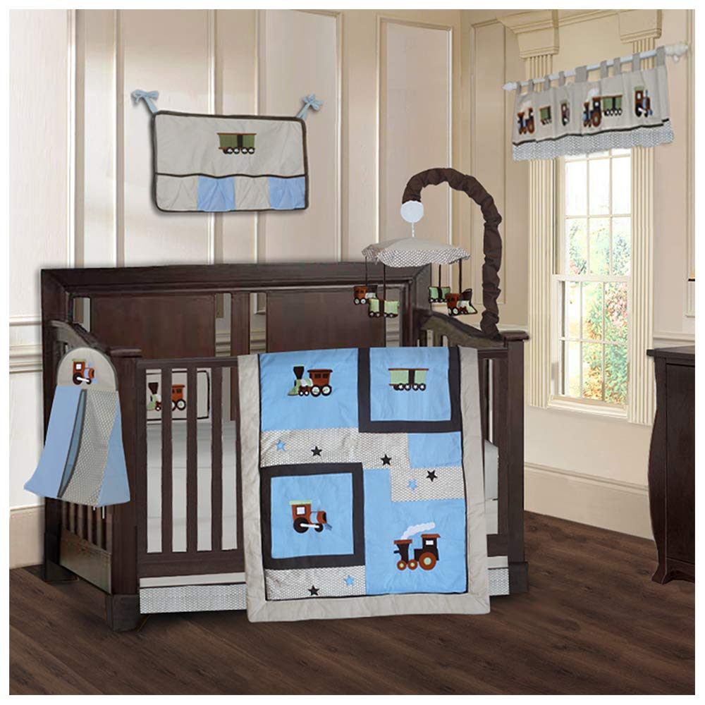 BabyFad Train 9-Piece Crib Bedding Set for Boys & Girls - Soft Nursery Bedding with Fitted Sheet, Bumper, Skirt & More | Perfect for Newborns, Infants & Toddlers (Train Theme)