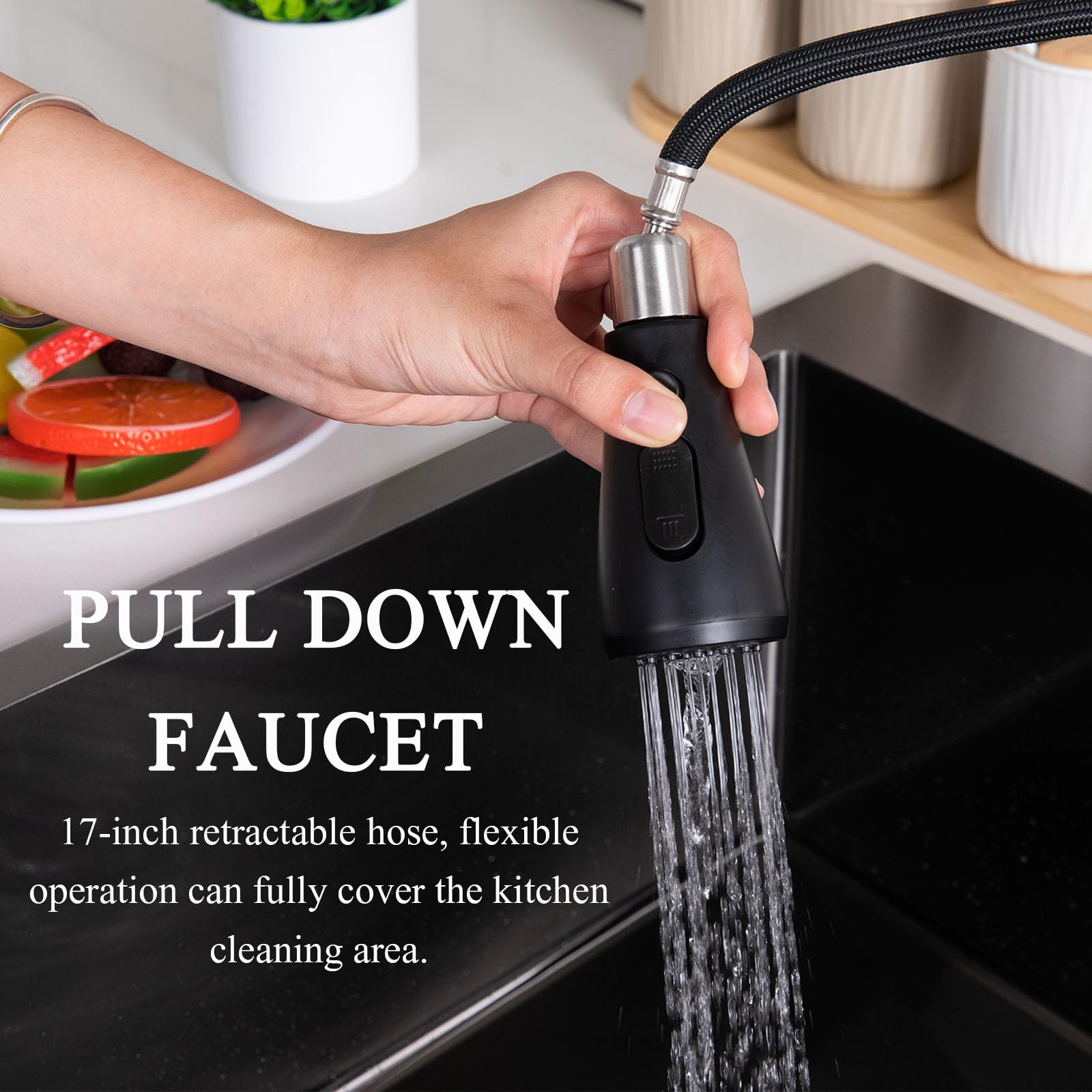 Matte Black Single Handle Pull Down Sprayer Kitchen Faucet, Stainless Steel Sink Faucet for Bar, Laundry, RV & Farmhouse, Ideal for Modern and Rustic Kitchens