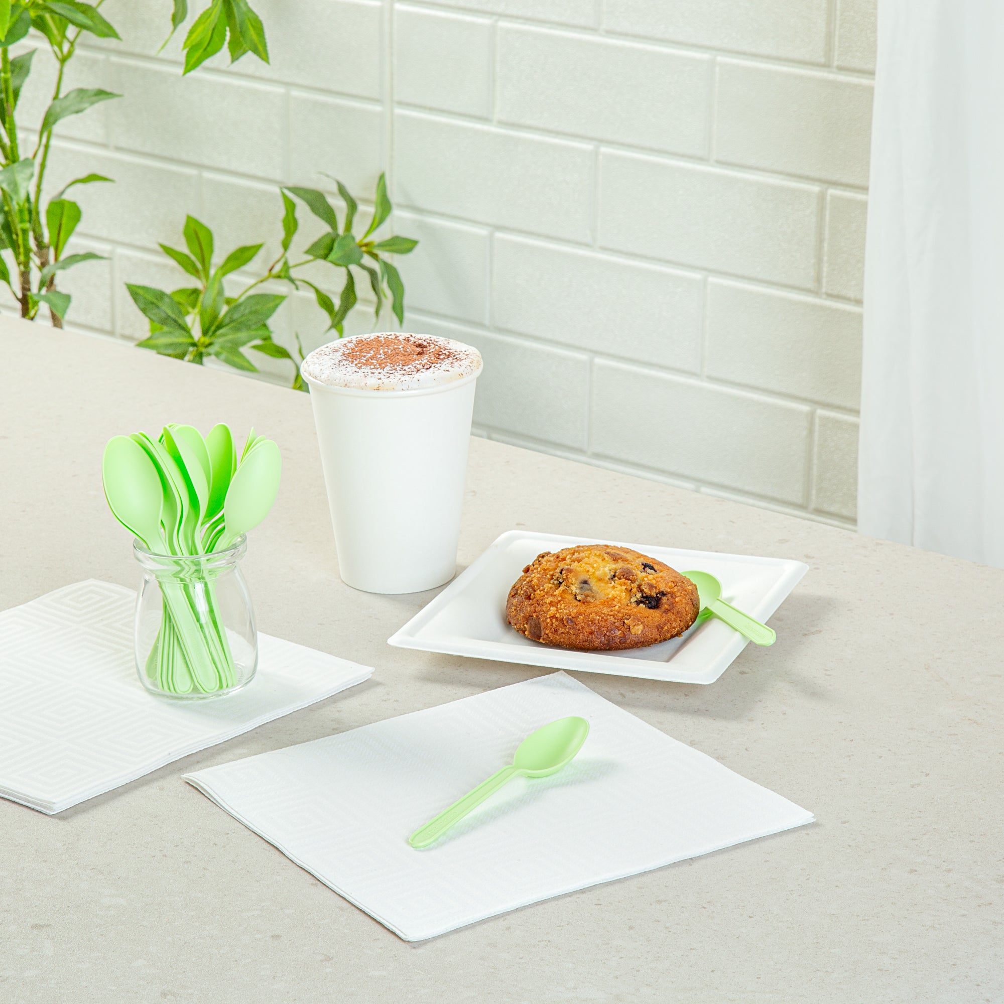 Eco-Friendly Green CPLA Plastic Dessert Spoons - Heat Resistant, Compostable, 100-Pack (5
