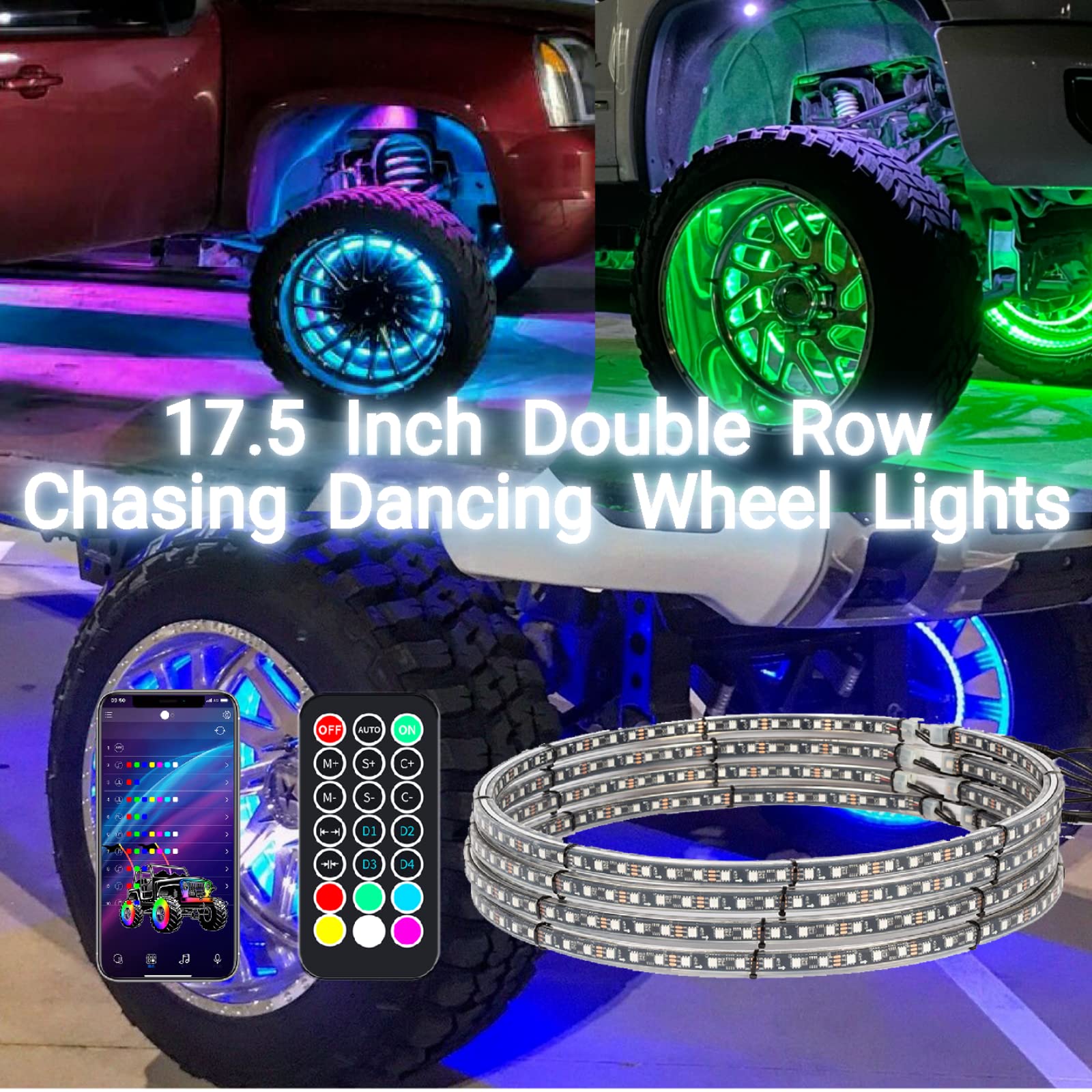 4pcs 17.5 Inch Double Row LED Wheel Lights for Truck Car ATV UTV - RGB Color Changing Rim Rings with Turn Signal & Brake Function, Remote & App Control - Perfect for Off-Roading, Night Rides & Car Shows