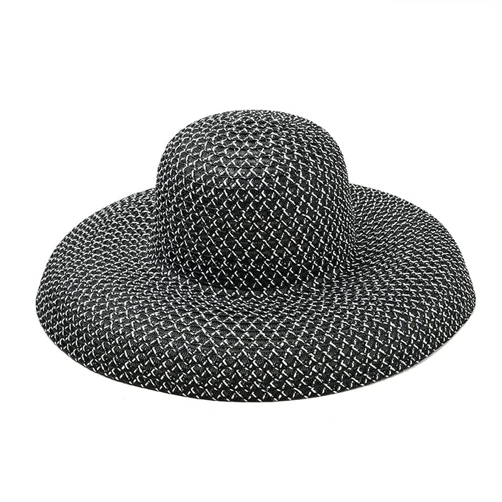 Vintage Wide Brim Straw Sun Hat for Women - Retro Round Top Beach Hat with UPF Protection, Summer Travel Holiday Visor for Outdoor, Beach, Garden & Vacation Accessories (Black)