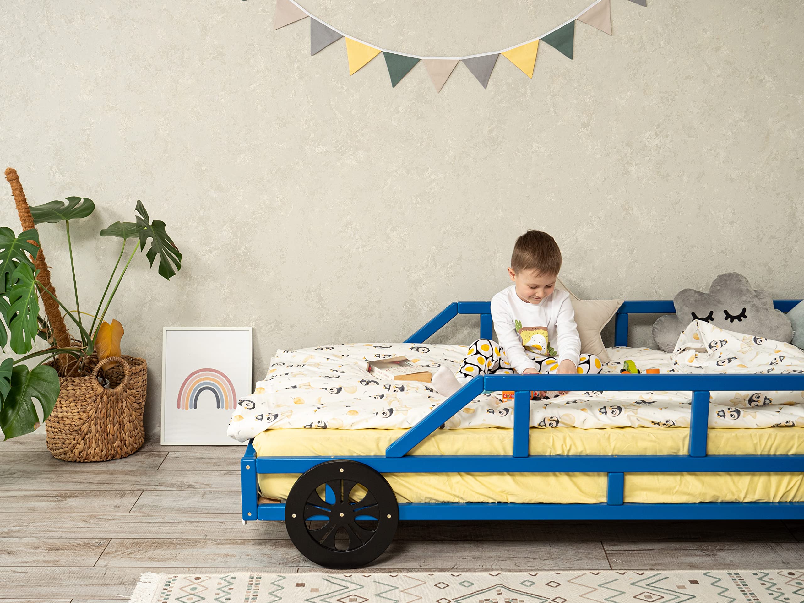 Race Car Bed for Toddlers - Twin Jeep Bed Frame - Low Montessori Kids Bed for Boys - Playroom & Nursery Decor